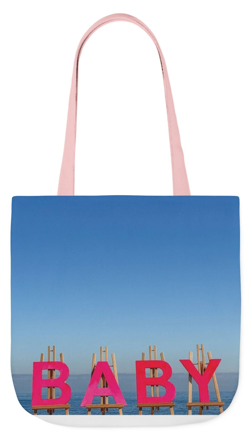 Baby Tote Bag (Pink Handles) 18”x 18” same print on each side with choice of pink or white handles. “Shoreline Baby Tote Bag”