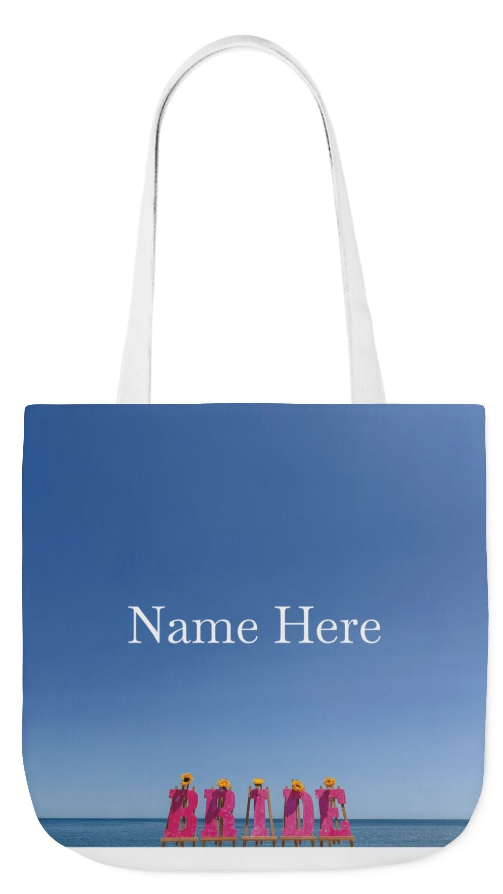 Bride Tote Bag 18” x 18”different print on each side. Choice of Pink or White Handles. "Shoreline & Beachfront Bride Bag Personalized"