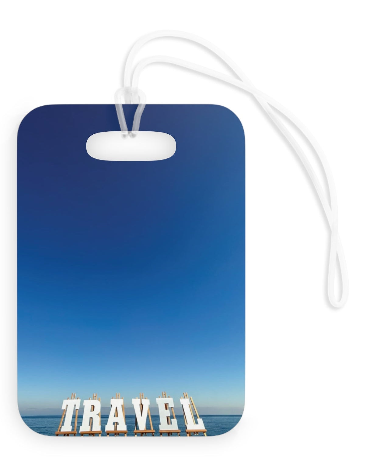 Plastic Luggage Tag Personalized Same Print on each side with a Glossy Finish and clear Acrylic tie. "Seaside Travel Tag"