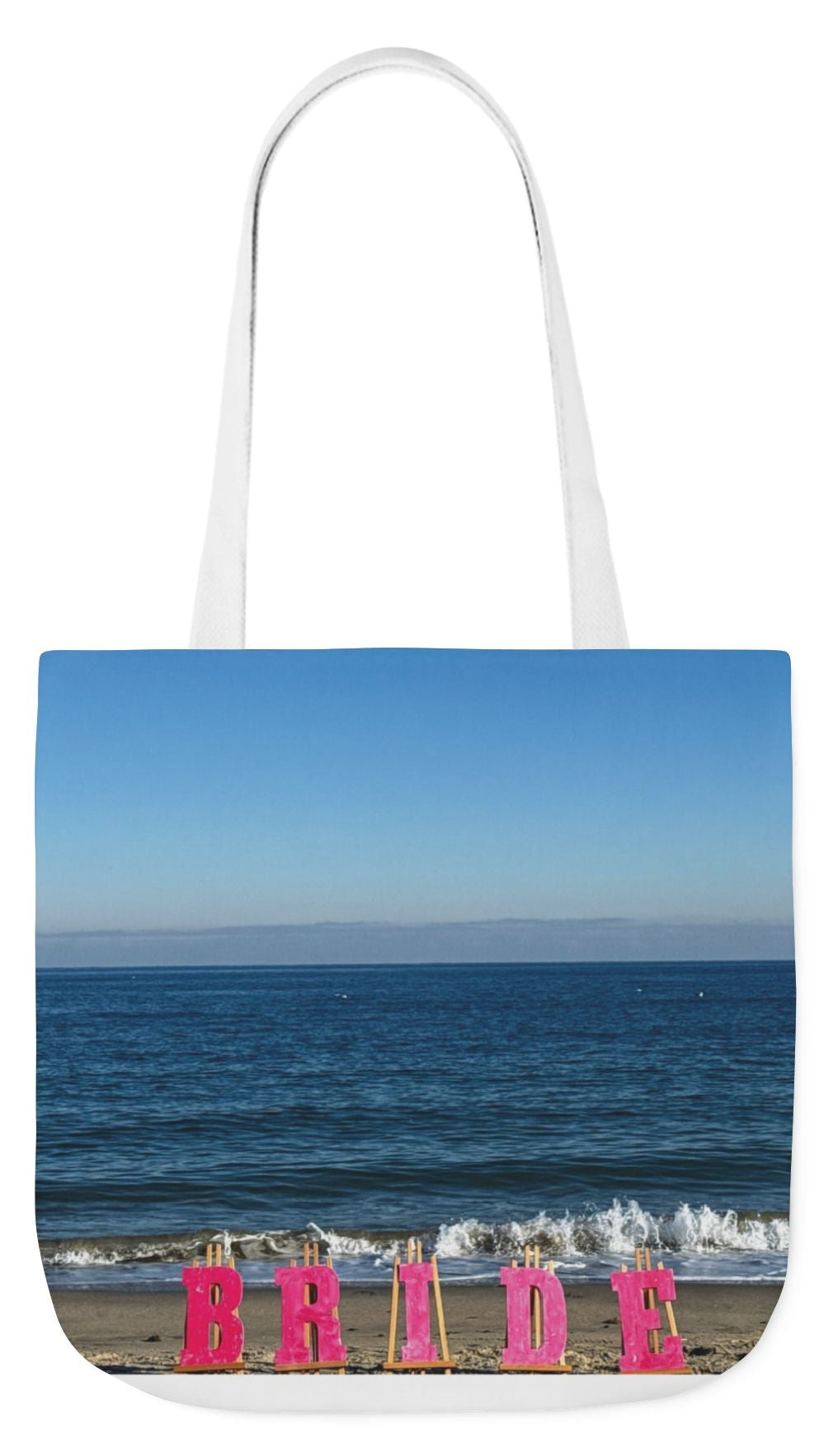 Bride Tote Bag 18" x 18" same print on each side. Pink or white handle choice. "Beach Bride Bag"