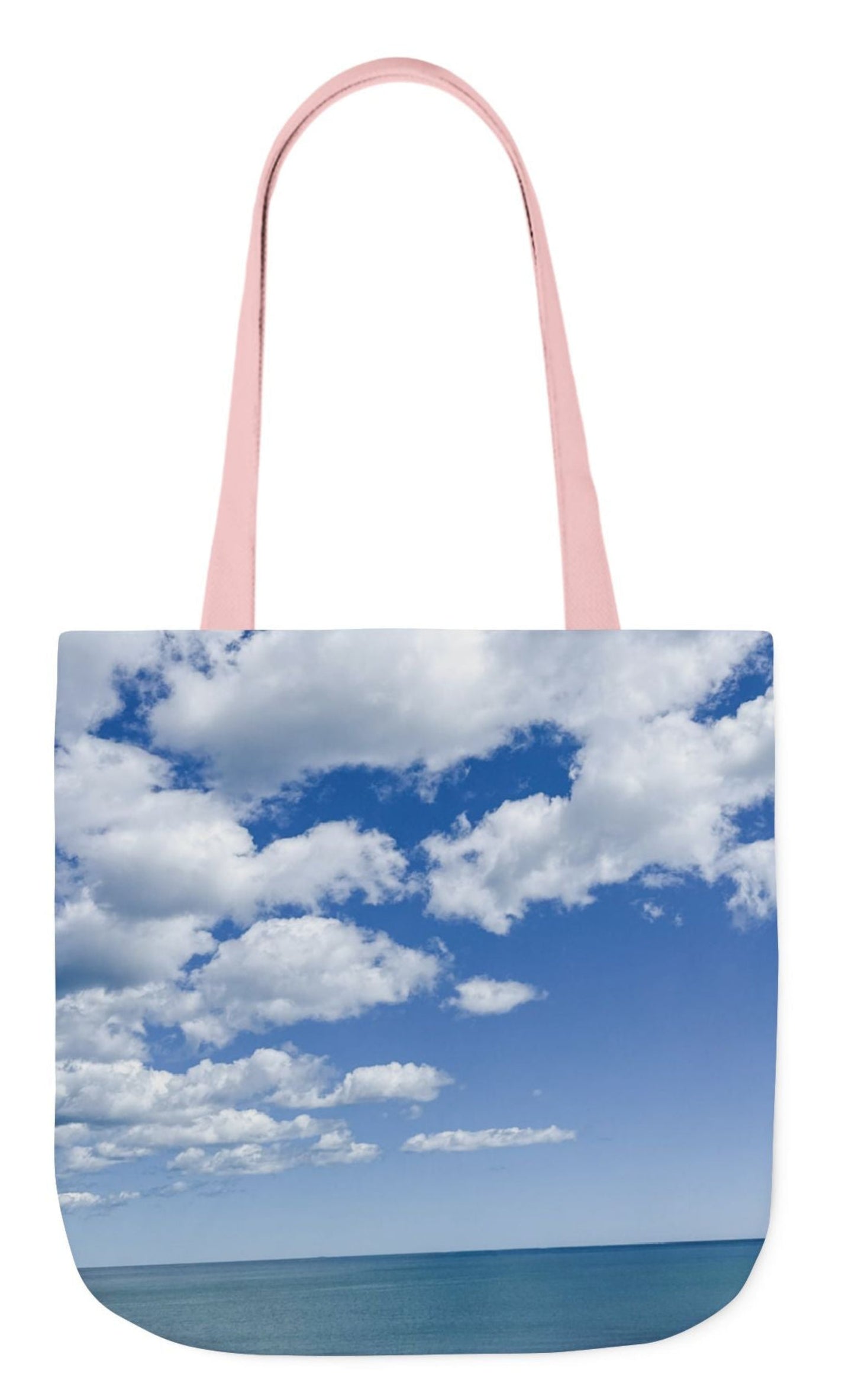 back of pet's name tote bag seaside bright clouds pink handles 18 x 18