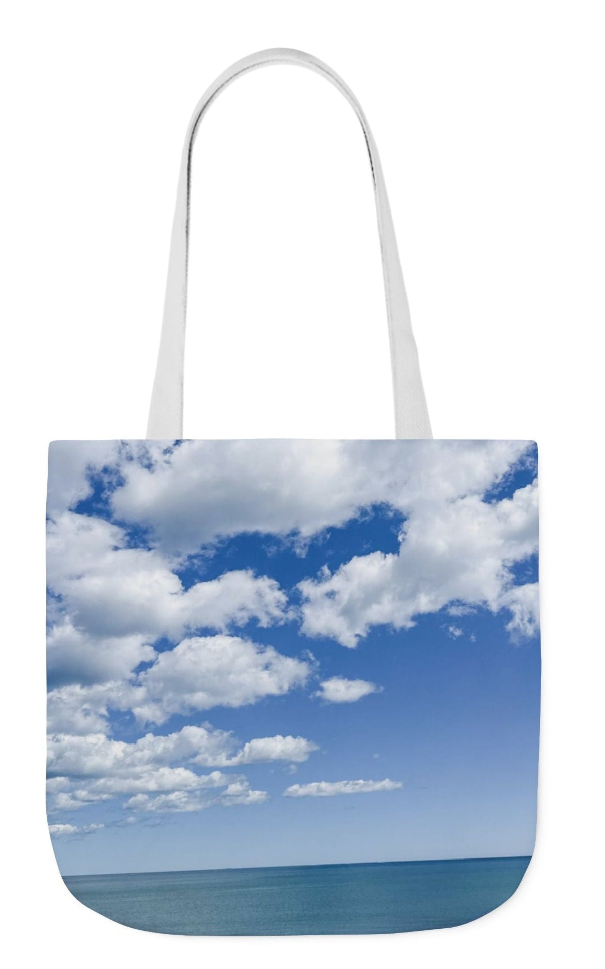 back of pet's name tote bag seaside bright clouds white handles 18 x 18