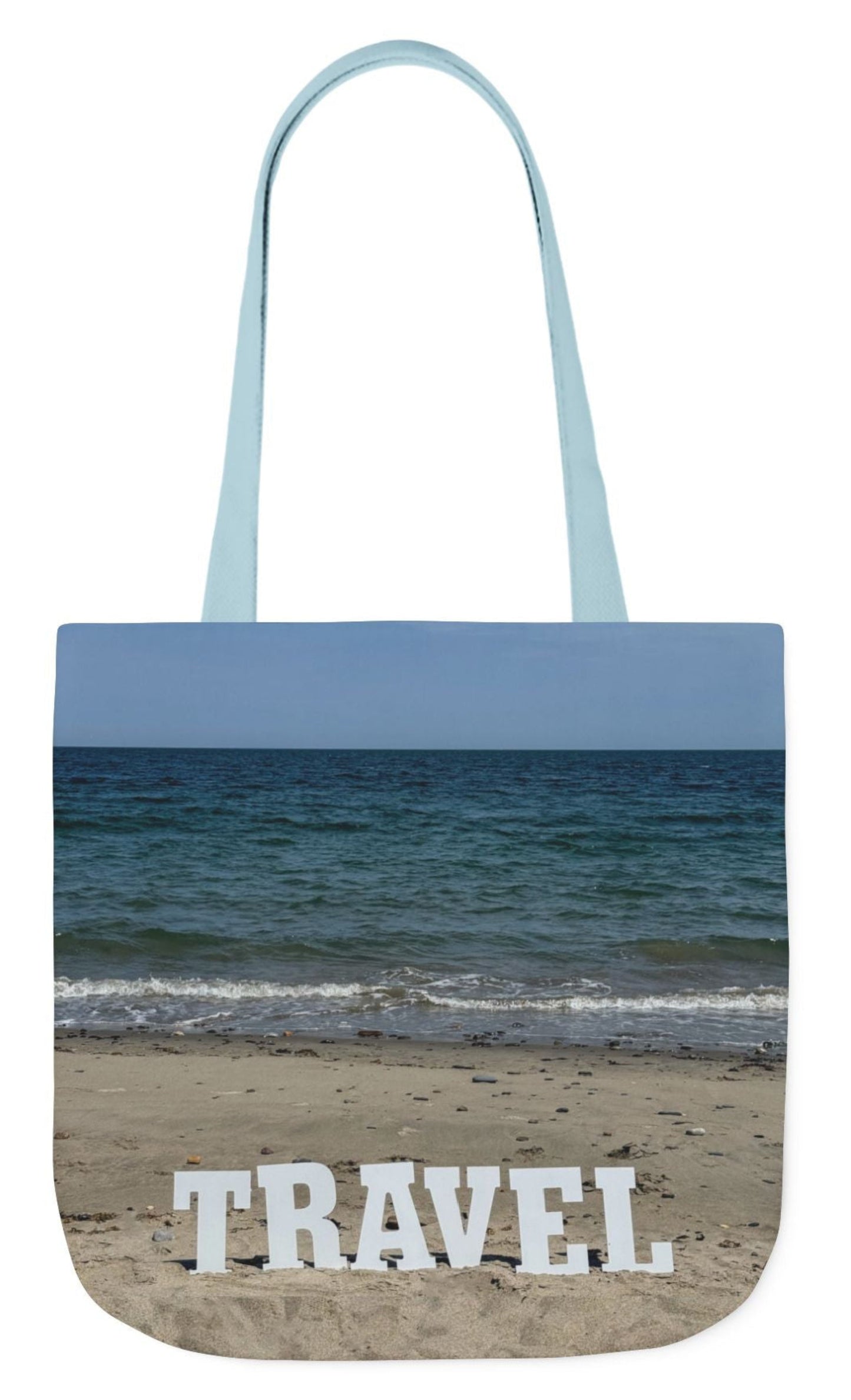 travel tote bag blue handles matching beach scene each side