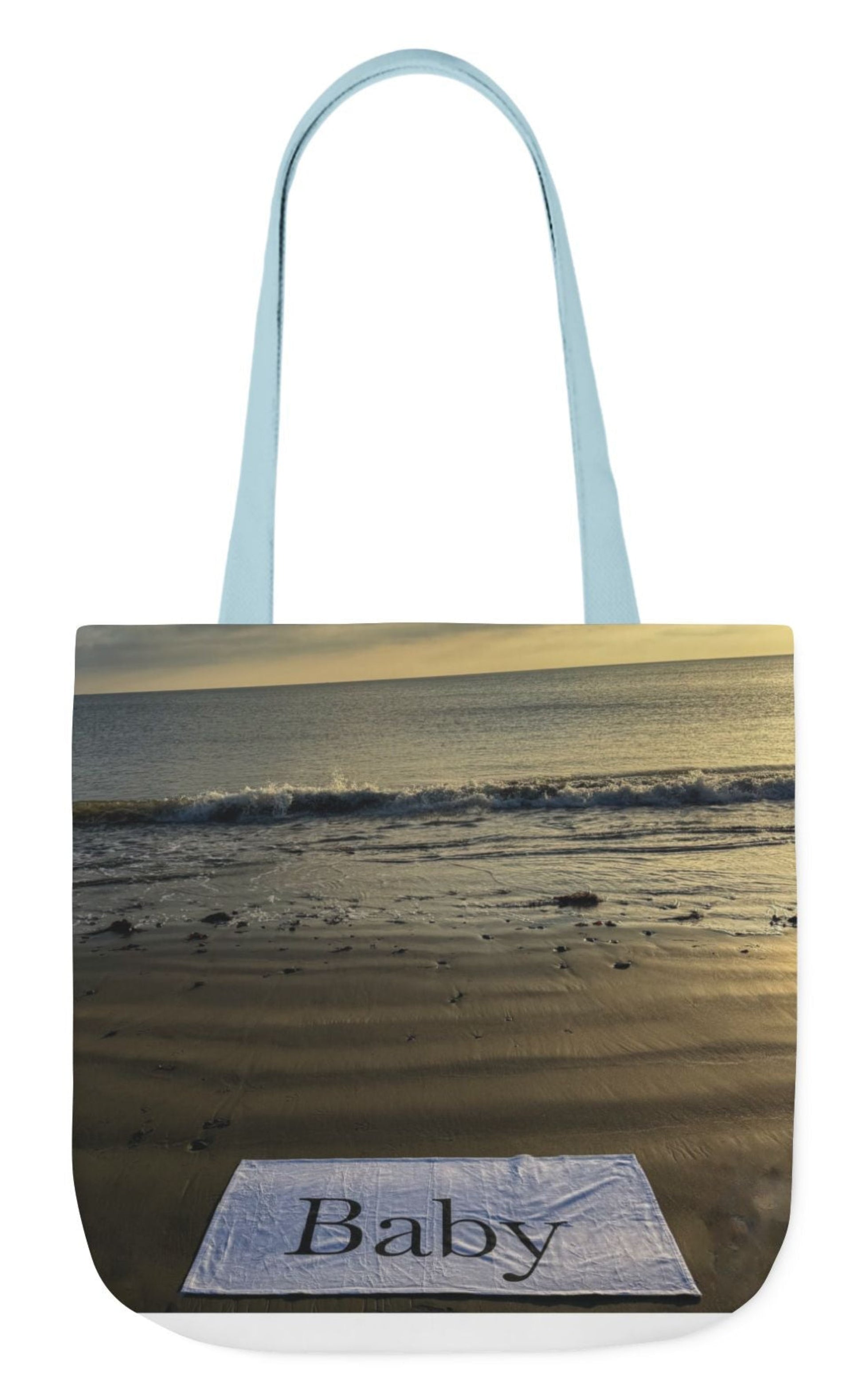 back of personalized beach themed baby tote bag 18" x 18" with blue handles