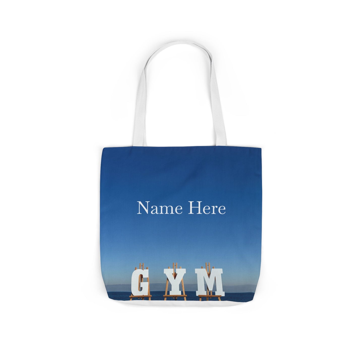 Gym Tote Bag 18” x 18” different print on each side. 5 Handle Color Options. “Seaside & Beach Gym Bag Personalized”