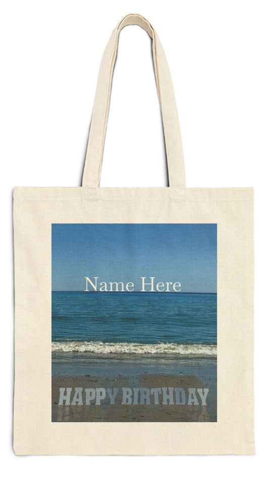 Birthday Tote Bag Natural Color 15" x 16" Cotton Canvas Print on One Side. "Beach Birthday" (Personalize it)