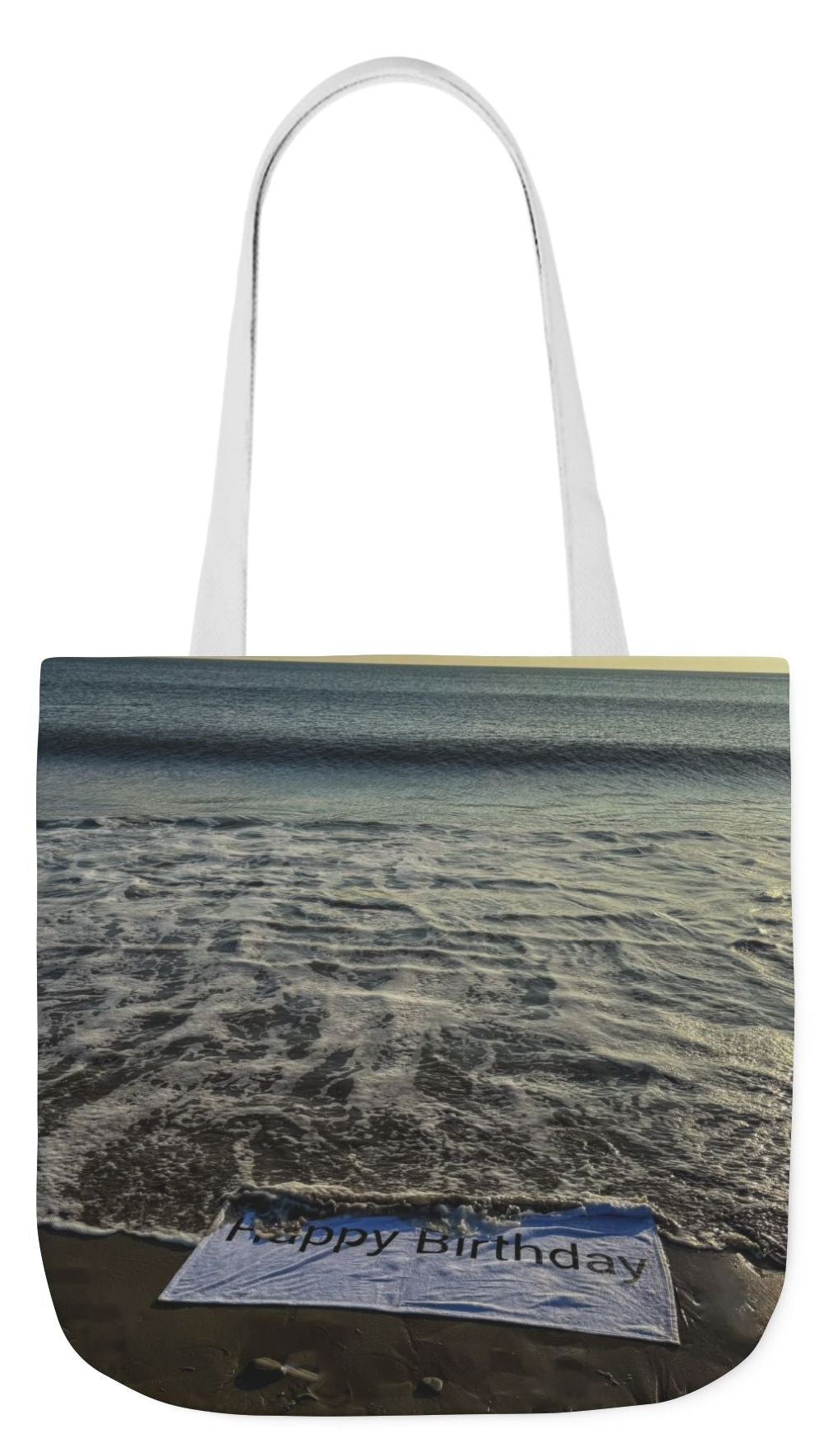 Birthday Tote Bag 18” x 18” different print on each side. 3 Handle Color Options. “Beach & Beachfront Birthday Bag”