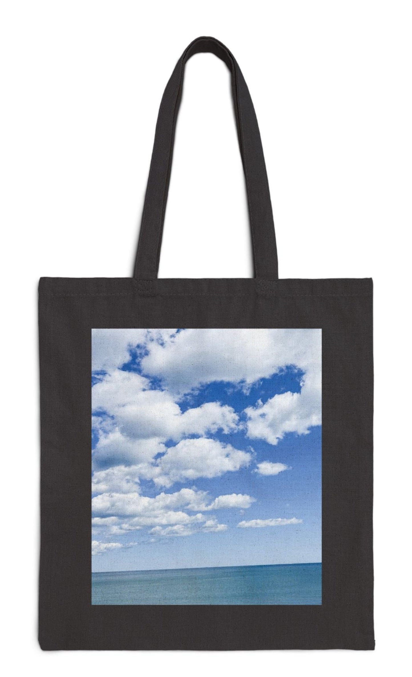 pet tote bag in black with seaside bright clouds design 15 x 16