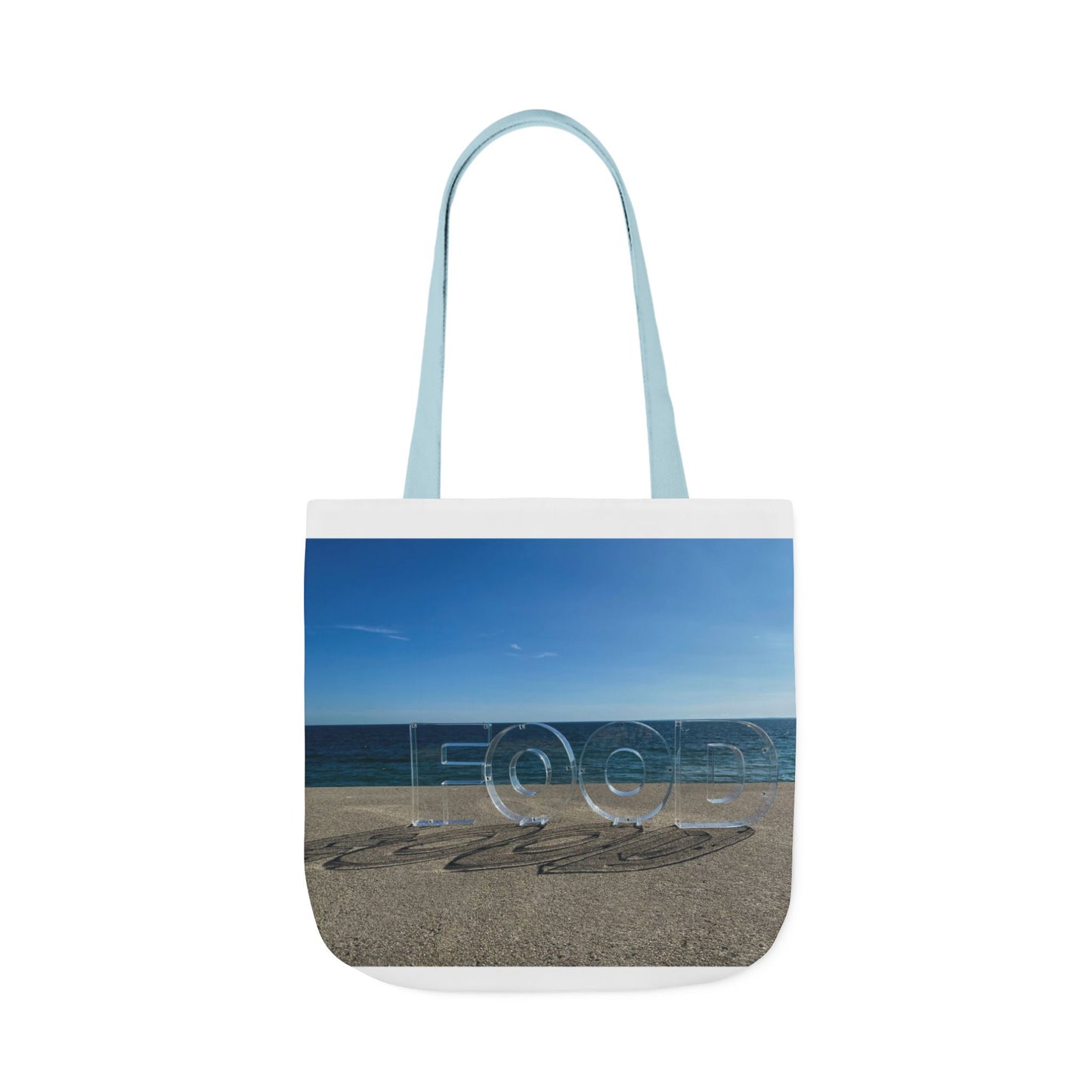 Food Tote Bag 18" x 18" Different Print on each side. 4 Handle Color Choices. "Seaside Food Reflections Bag"