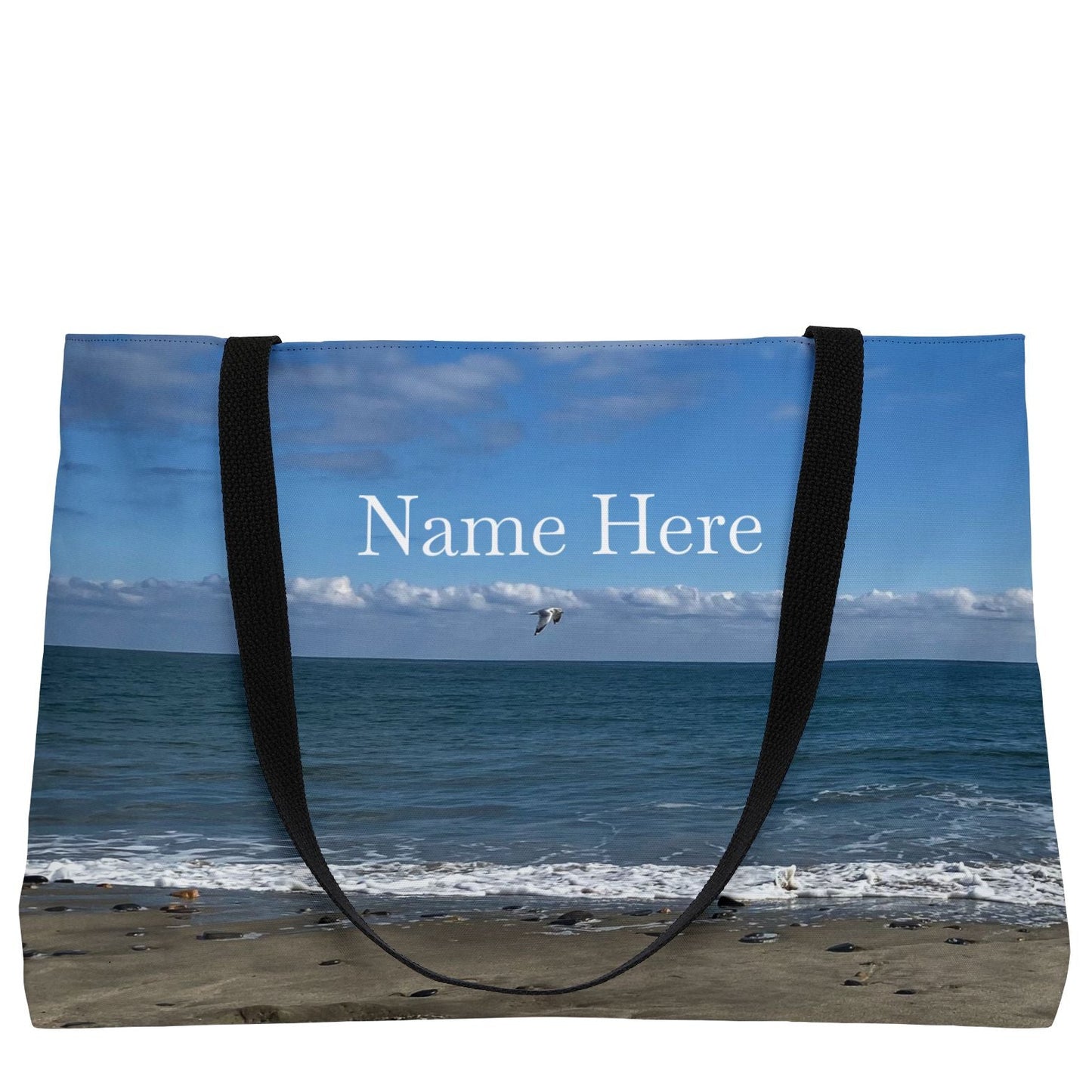 Beach Weekender Tote Bag 24" x 13" with Different Print on Each Side. "Shore Bird & Big Waves"(Personalize it)