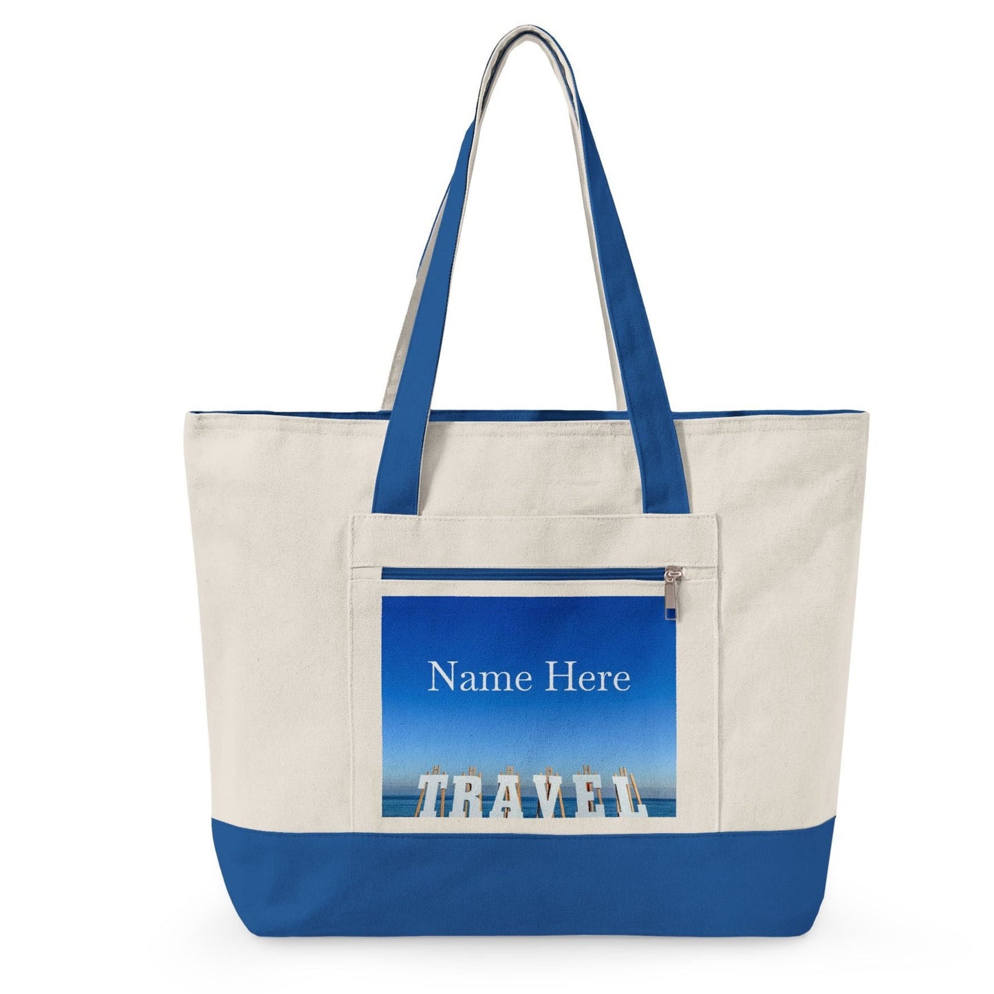"New" Personalized Travel Tote Bag with Zippers and Blue Trim. “Seaside Travel Bag with Zippers”