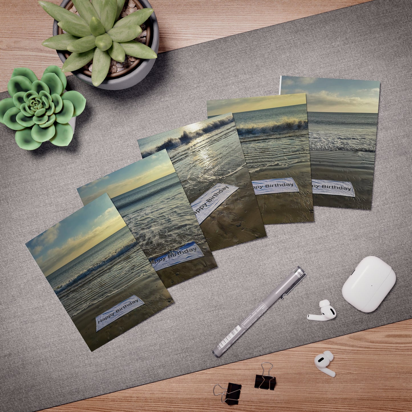 Set of 5 Different Beachside Birthday Cards with envelopes.