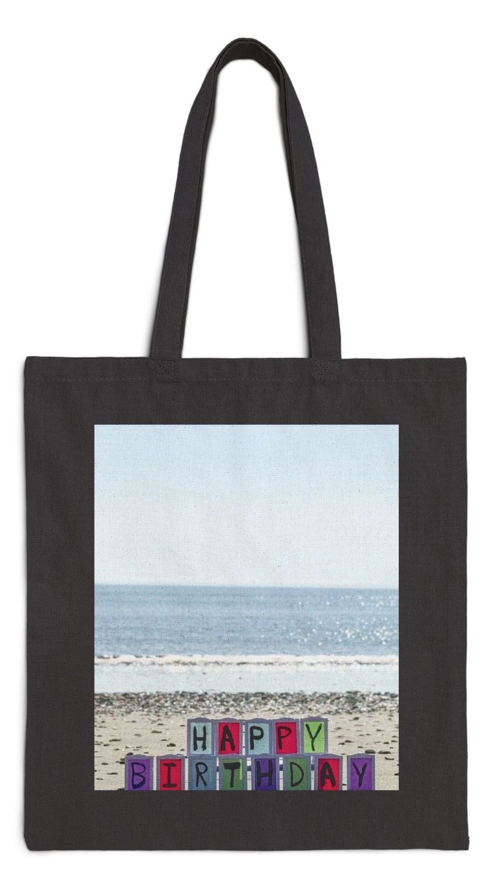 Birthday Tote Bag Black 15" x 16" Cotton Canvas Print on One Side. "Beachfront Birthday"