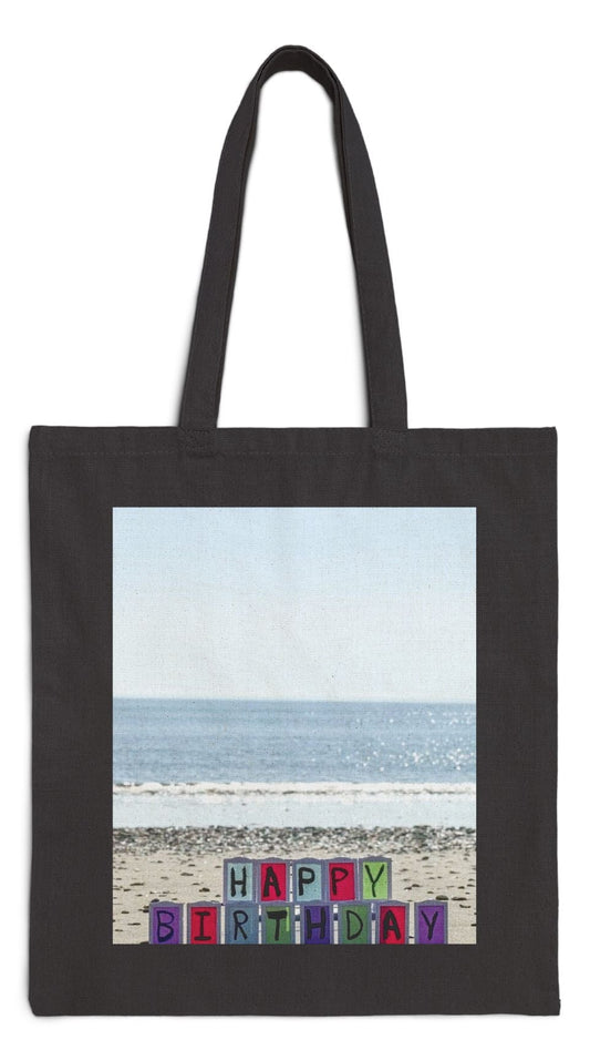 Birthday Tote Bag Black 15" x 16" Cotton Canvas Print on One Side. "Beachfront Birthday"