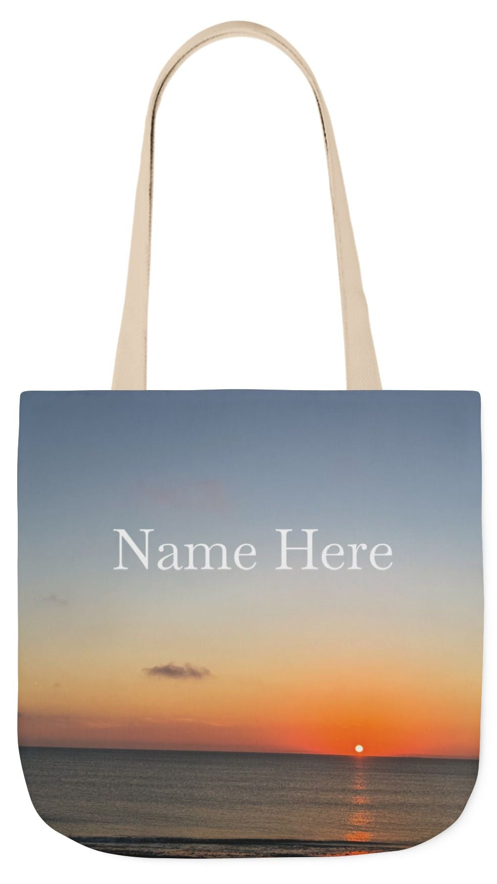 Personalized Everyday Tote Bag 18”x 18” different print on each side.5 Handle Color Options. “Seaside Sunrising Personalized”