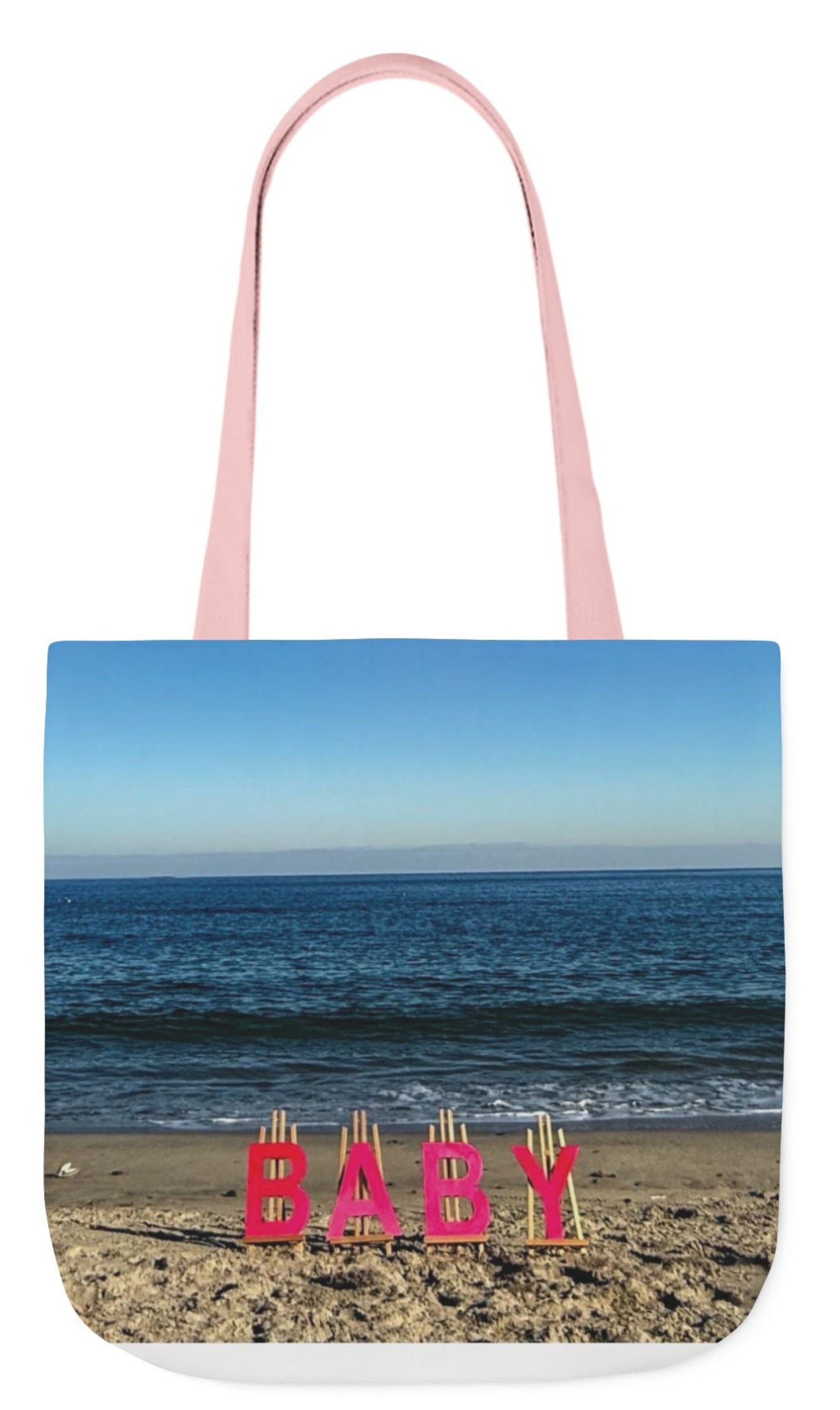 baby tote bag for girls with pink letters and handles 18" x 18" shoreline and beach themes