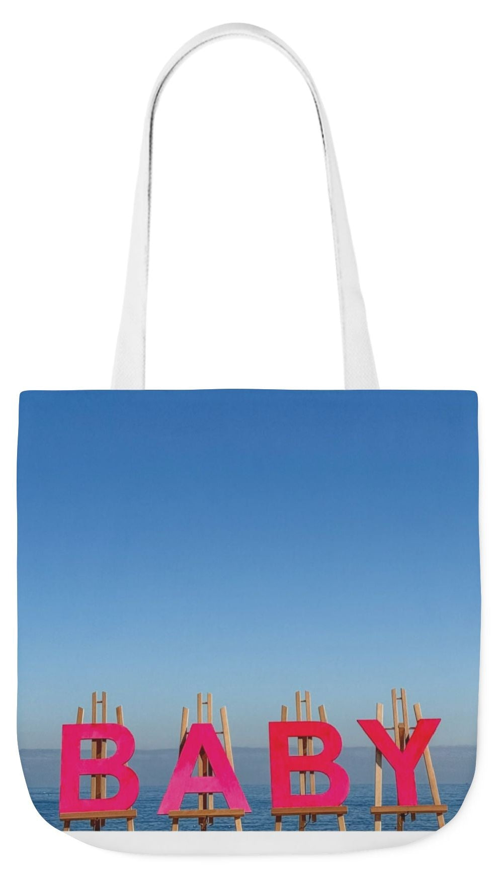 Baby Tote Bag (Pink Handles) 18”x 18” same print on each side with choice of pink or white handles. “Shoreline Baby Tote Bag”