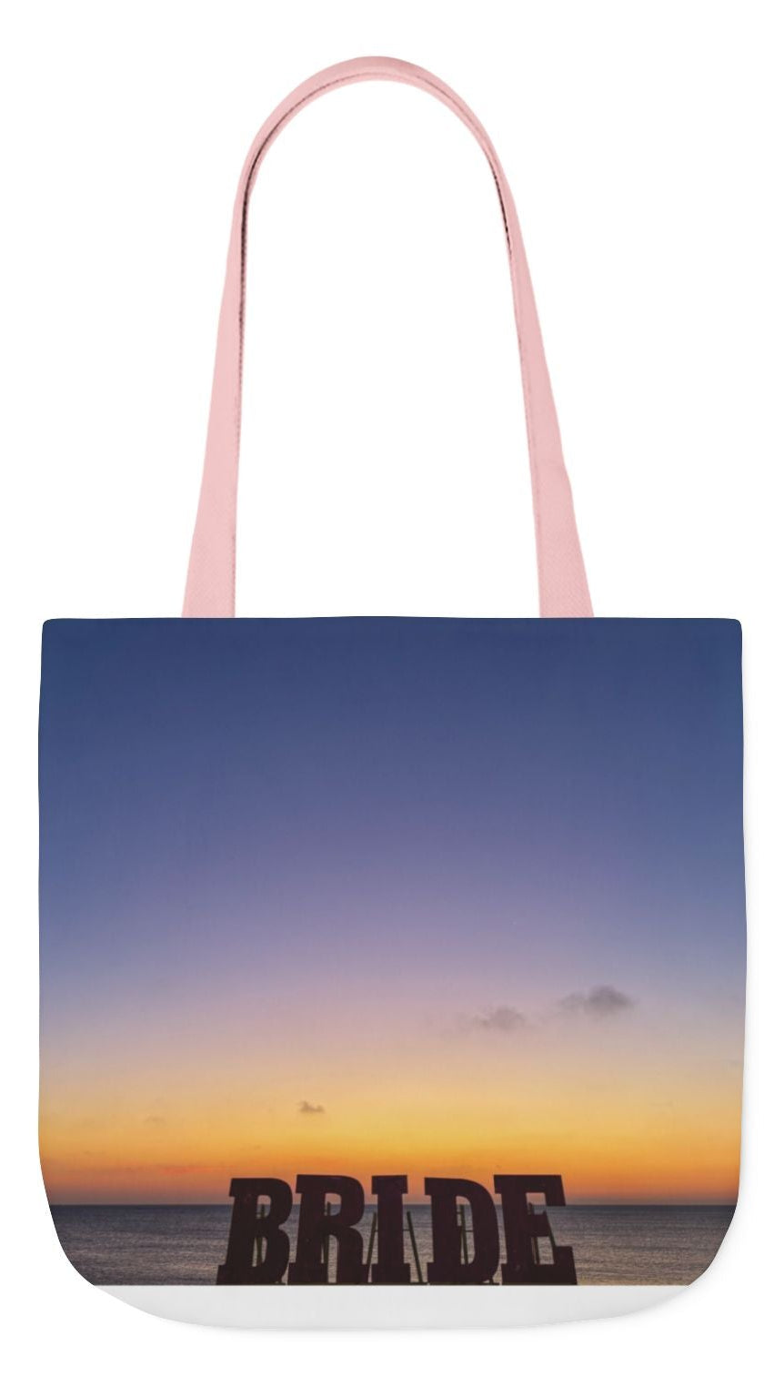 Bride Tote Bag 13” x 13” same print on each side. Handle color choice of Pink or White. “Daybreak Bride Bag”