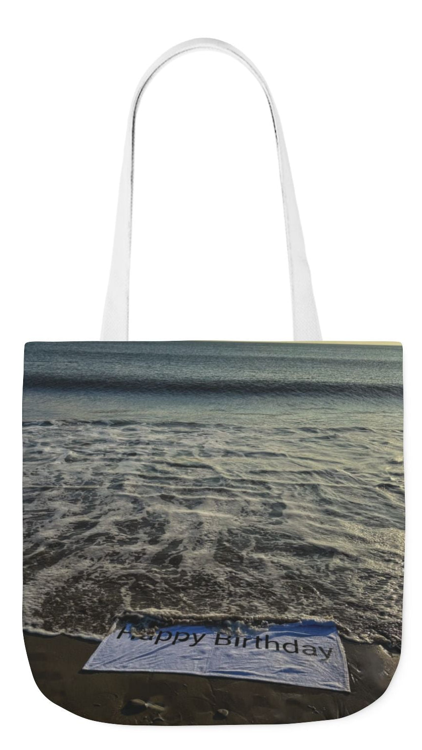 Birthday Tote Bag 13” x 13” different print on each side. 3 Handle Color Options. “Beachfront Birthday Bag”