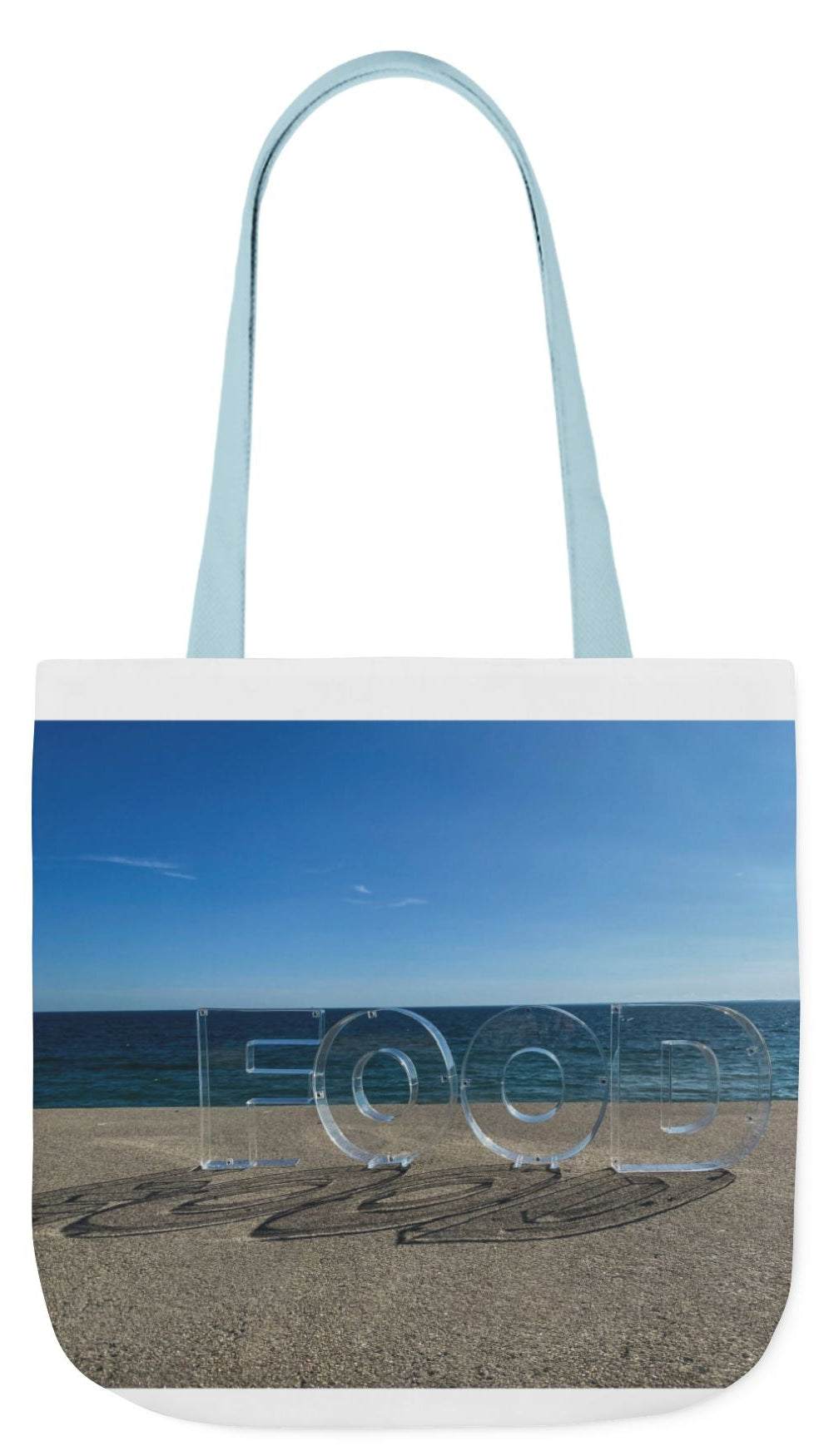 Food Tote Bag 18" x 18" Different Print on each side. 4 Handle Color Choices. "Seaside Food Reflections"