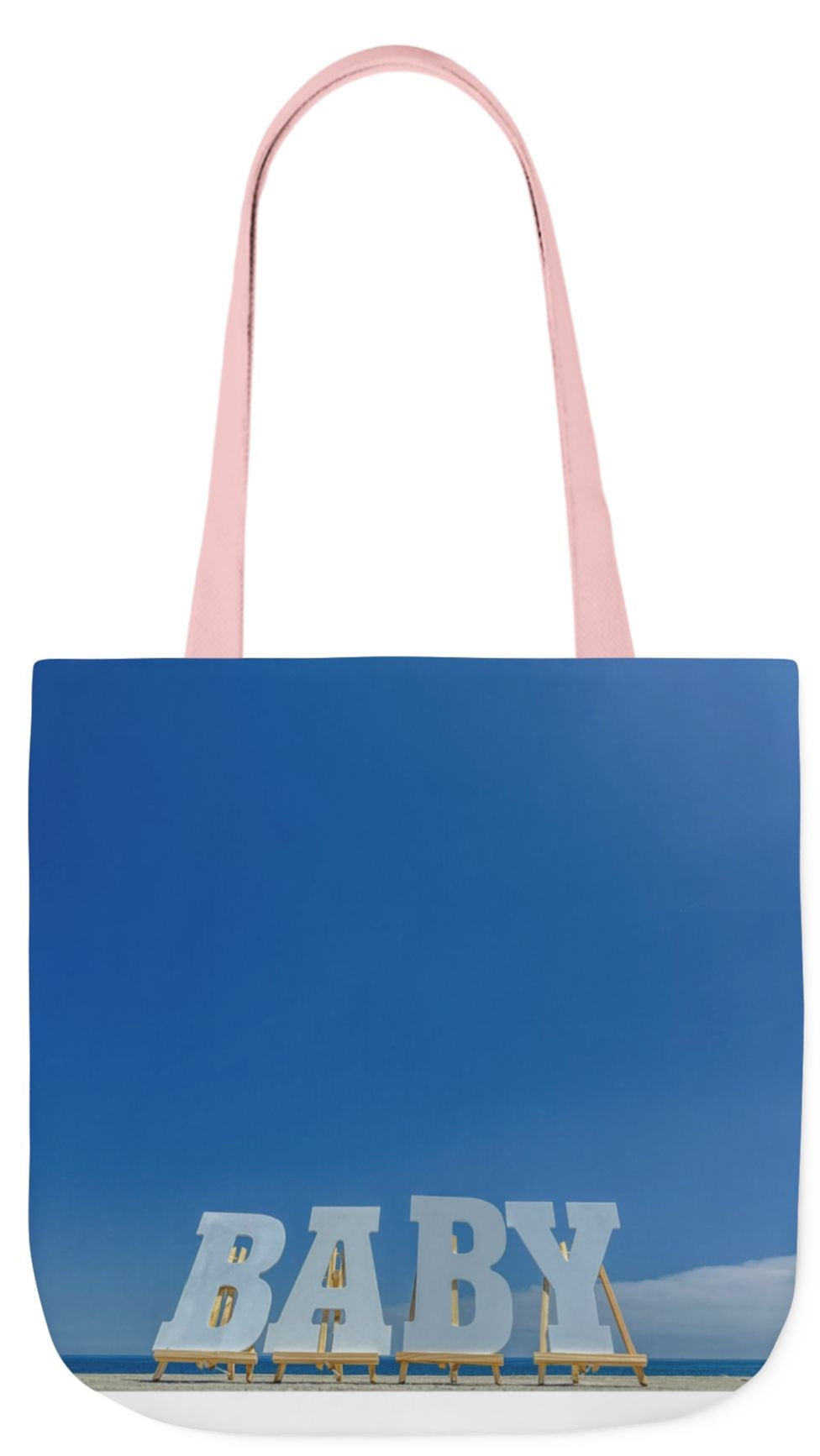 Baby Tote Bag 18”x 18” same all over print on each side with white, blue or pink handle options. “Baby Bag Bright Sky”.