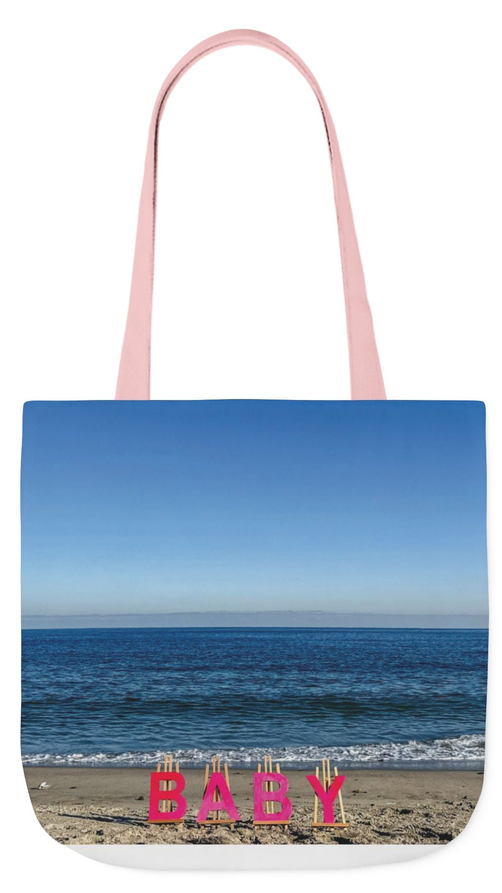 Baby Tote Bag (Pink Handles) 18”x 18” same print on each side with pink or white handle options. “Beach Baby Tote Bag”.