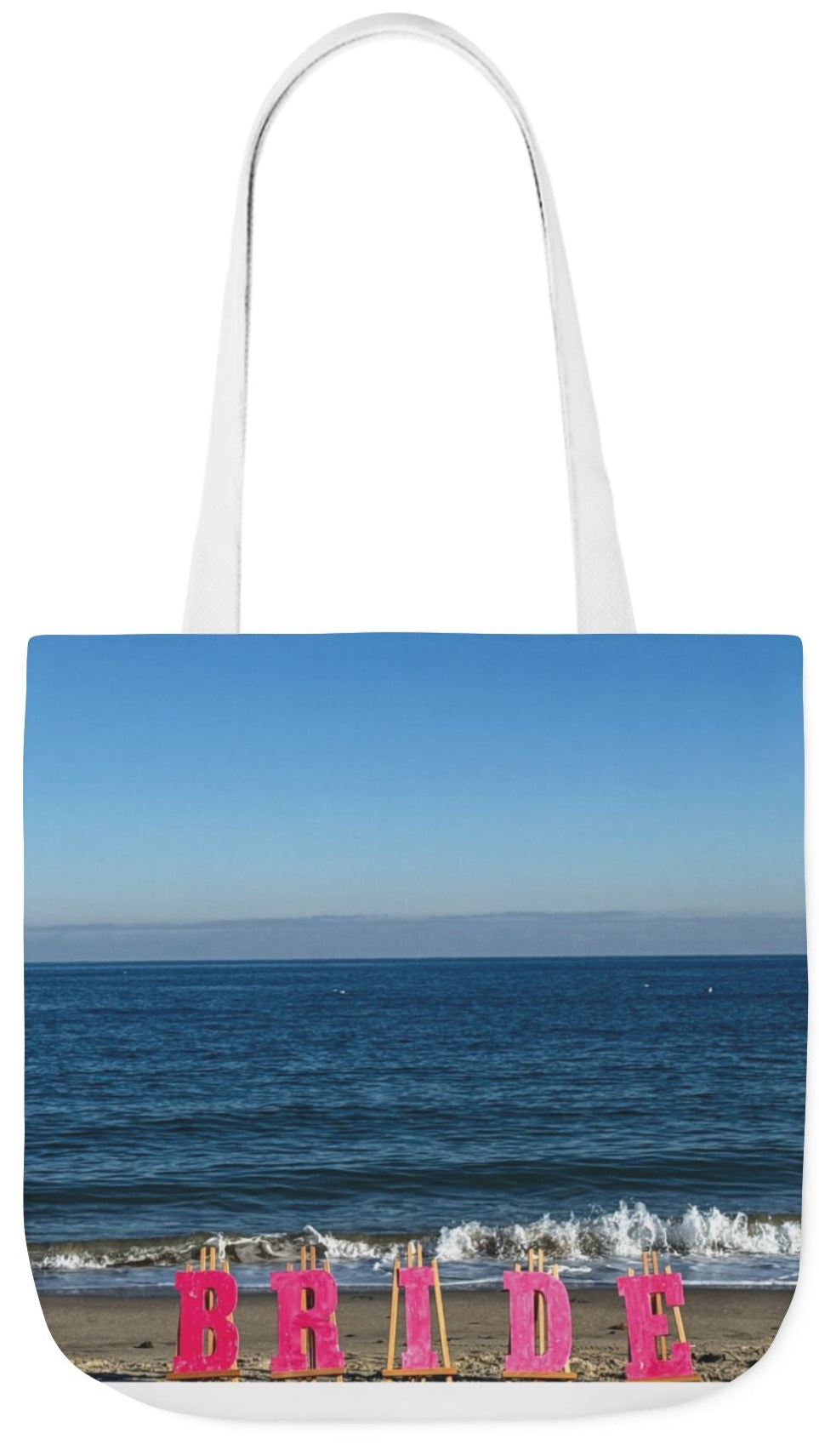 Bride Tote Bag 18" x 18" with allover same print on each side. Pink or white handle choice. "Beach Bride Bag"