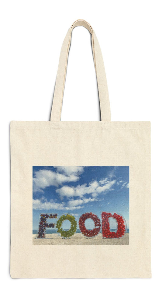 Food Tote Bag Natural Color 15” x 16” Cotton Canvas Different Print on Each Side. "Beachy Food & Seashore Food Bag"