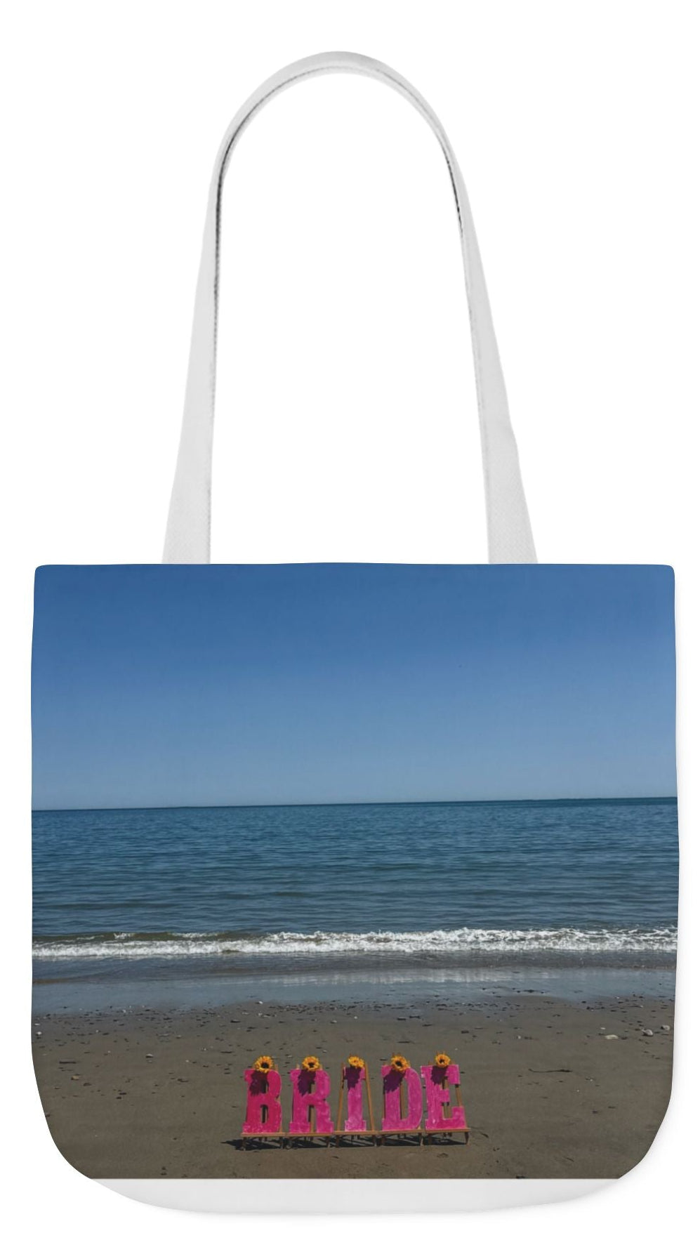 Bride Tote Bag 18” x 18”different print on each side. Choice of Pink or White Handles. "Shoreline & Beachfront Bride Bag"