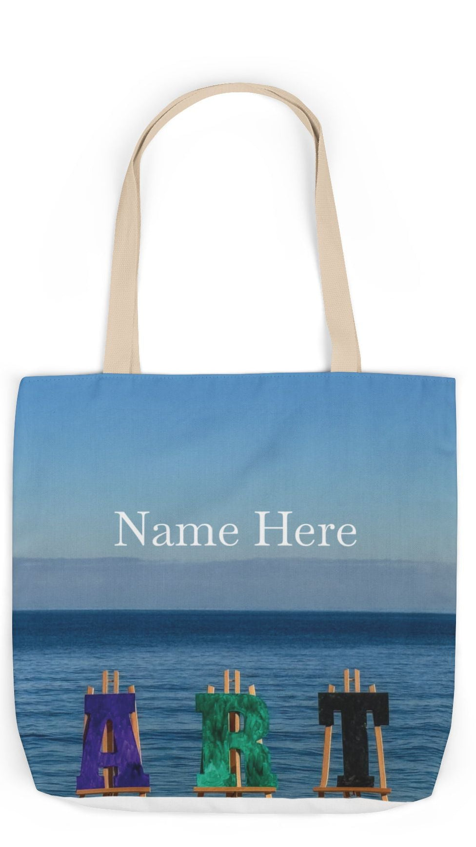 Art Tote Bag 18" x 18" same print on each side, 5-Color Handle options. "Seashore Art Personalized”