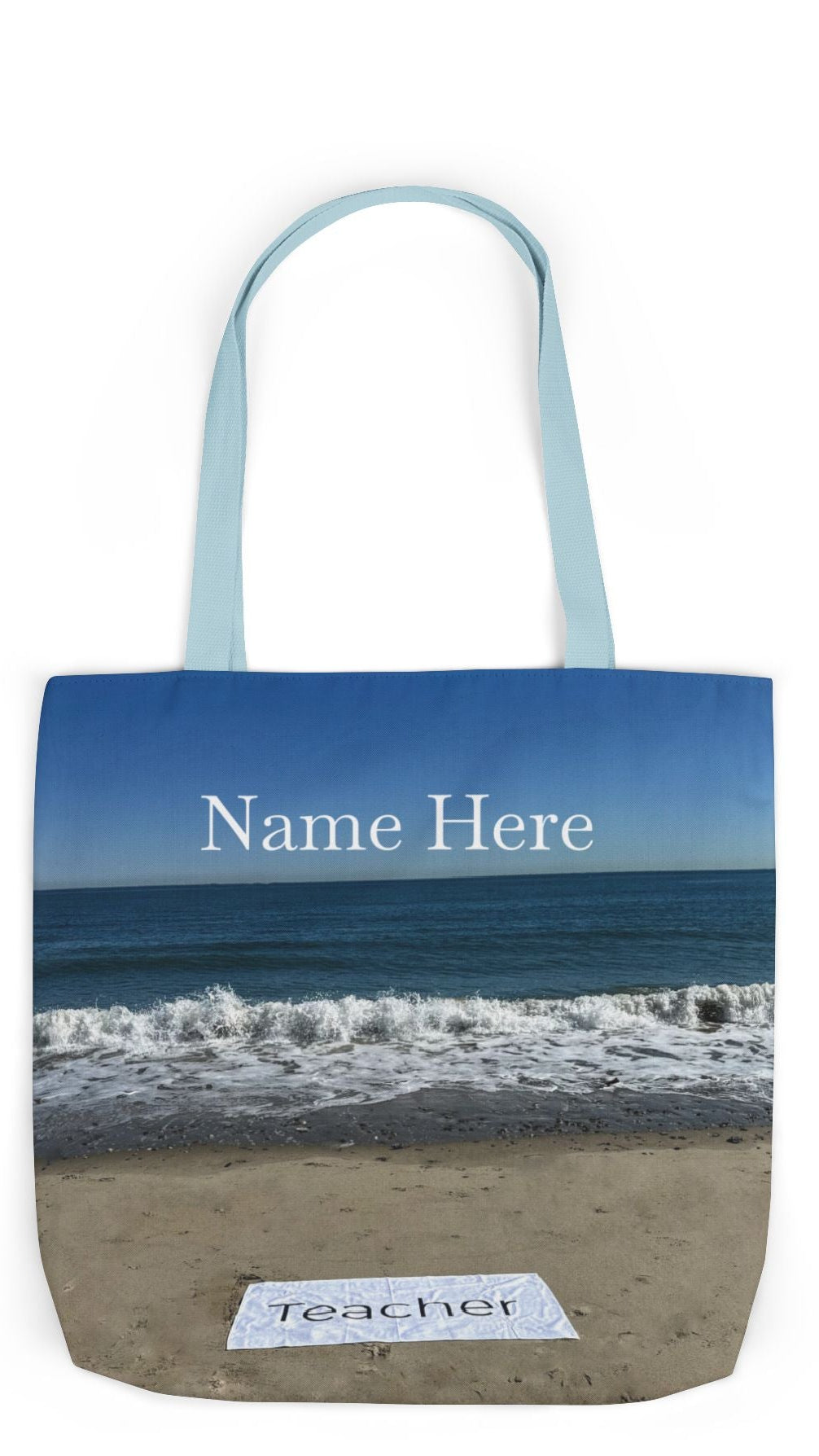 Teacher Tote Bag 18” x 18”  same print on each side. 5 Handle Color Options. “Beachfront Teacher Bag”