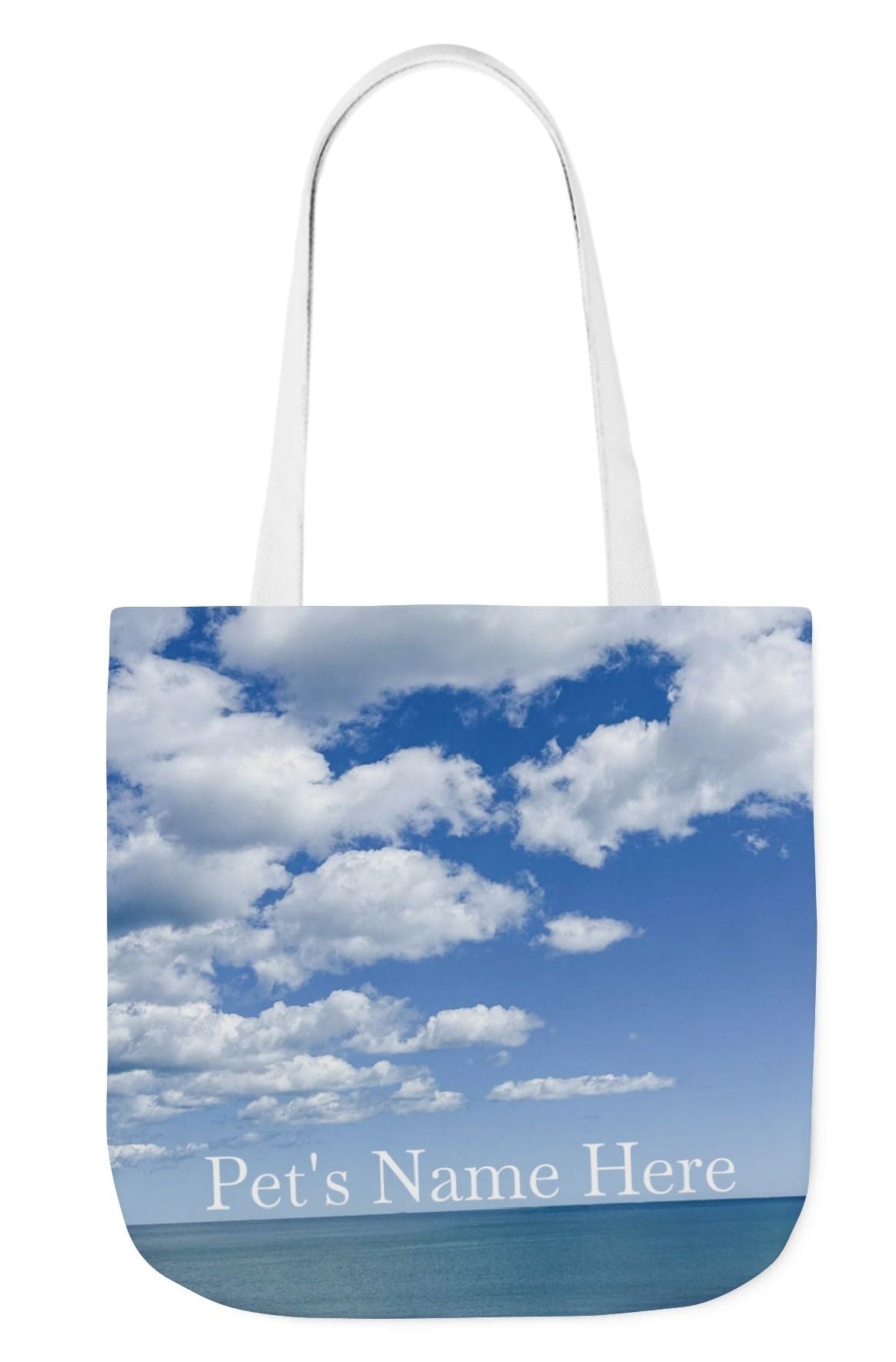 seaside bright clouds with pet's name white handles 18 x 18
