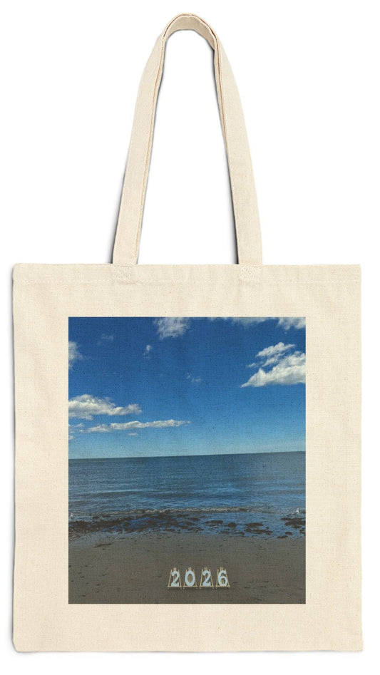 2026 Tote Bag 15” x 16” Natural Color Cotton Canvas Print on One Side. “2026 Seagulls at the Beach”