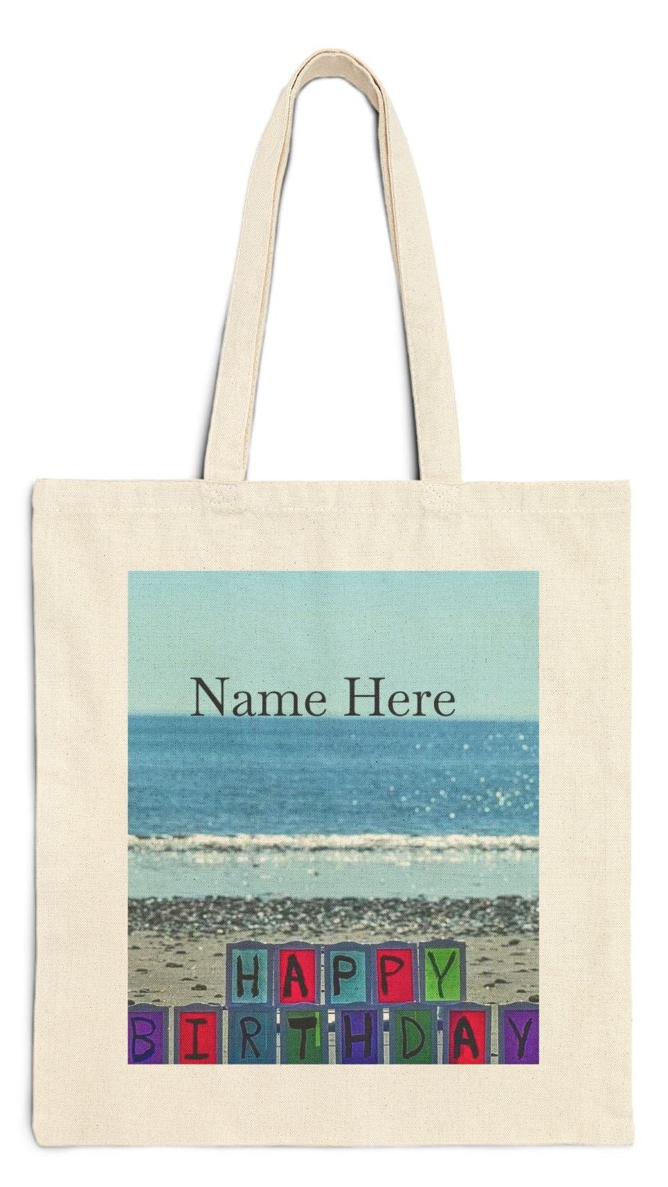 Birthday Tote Bag Natural Color 15" x 16" Cotton Canvas Print on One Side. "Seaside Birthday" (Personalize it)