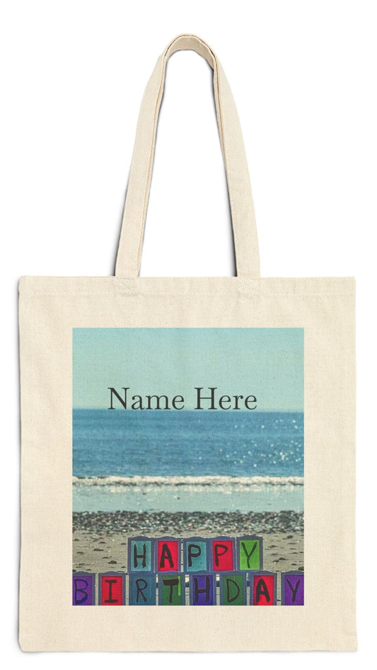 Birthday Tote Bag Natural Color 15" x 16" Cotton Canvas Print on One Side. "Seaside Birthday" (Personalize it)