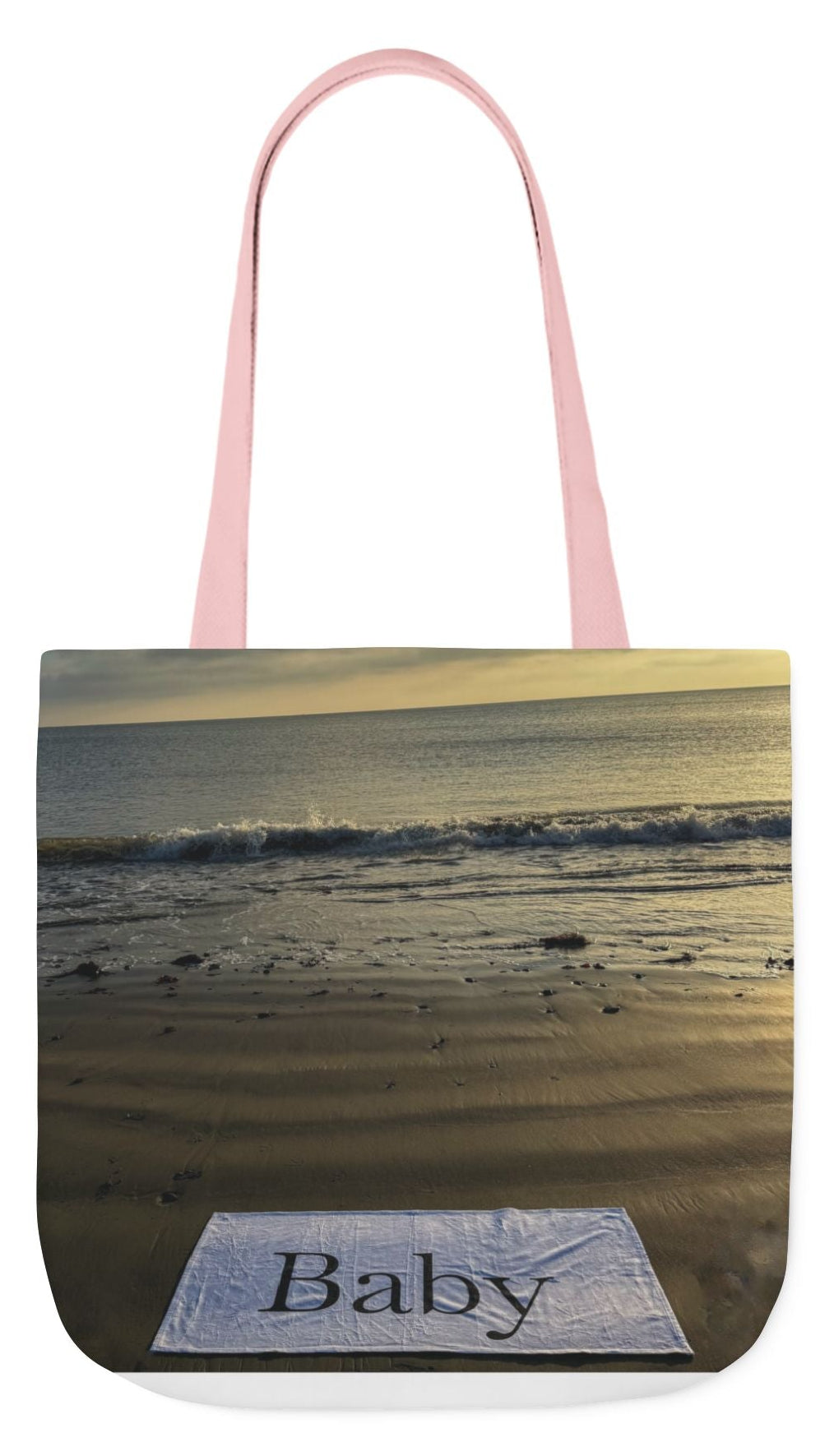 Baby Tote Bag 18" x 18" same print on each side. White, Blue or Pink Handles Option. "Daybreak Baby Tote Bag"