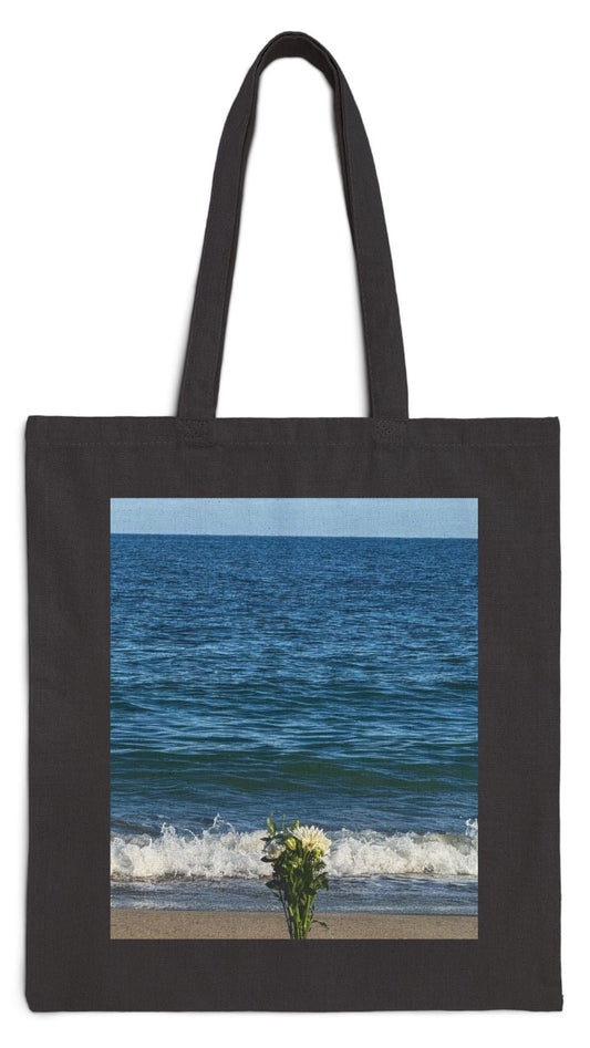Floral Cotton Canvas Black Tote Bag 15" x 16" Print on one side. " Seaside Flowers"