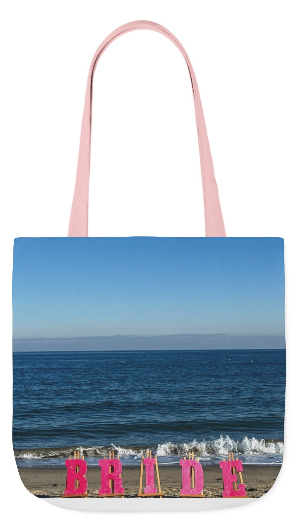 Bride Tote Bag 18" x 18" same print on each side. Pink or white handle choice. "Beach Bride Bag"