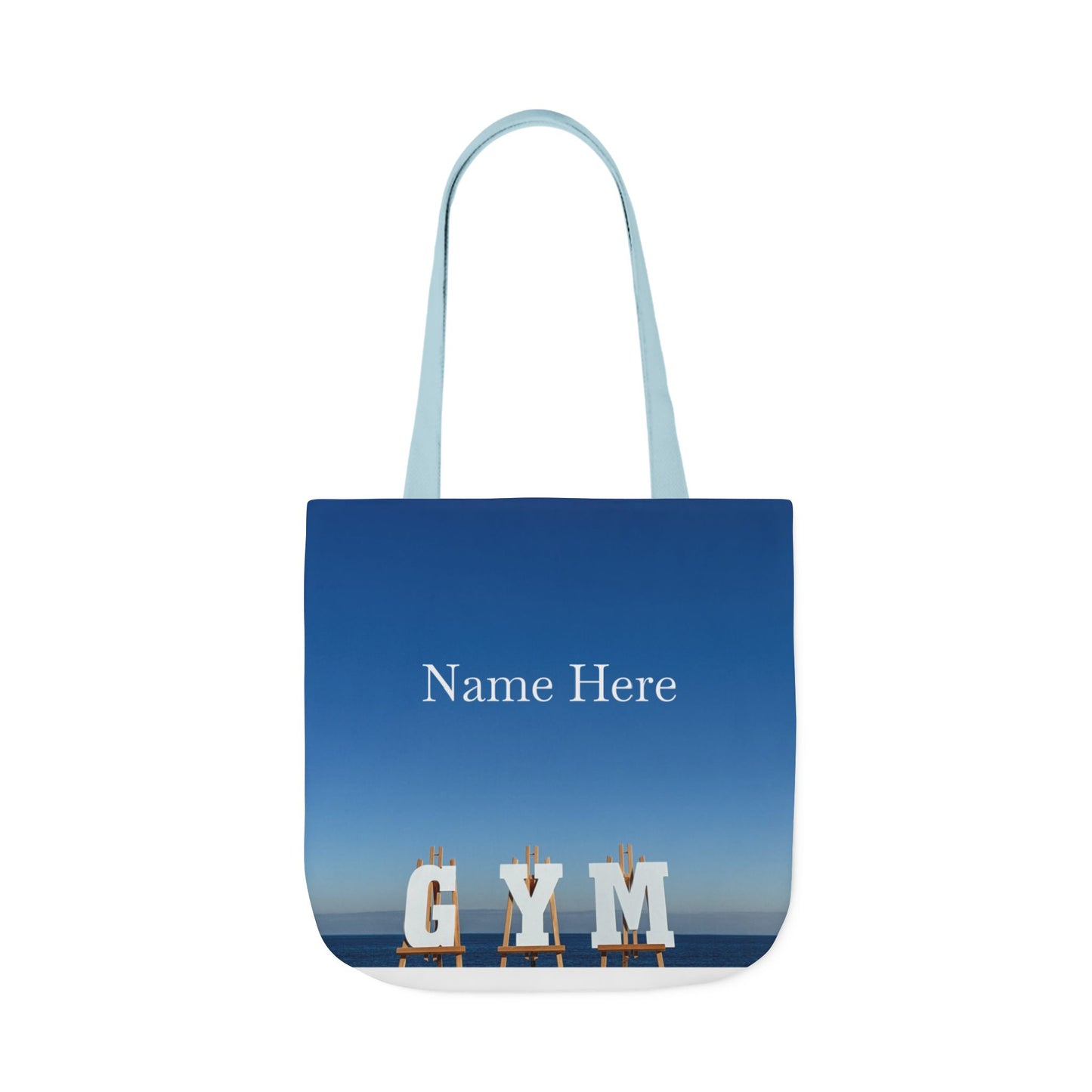 Gym Tote Bag 18” x 18” different print on each side. 5 Handle Color Options. “Seaside & Beach Gym Bag Personalized”