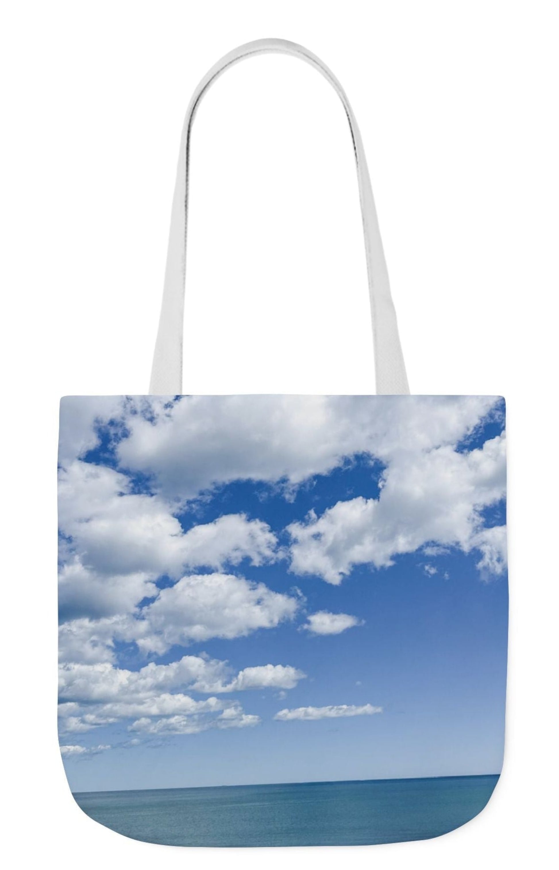 pet tote bag seaside with bright white clouds 18 x 18 white handles