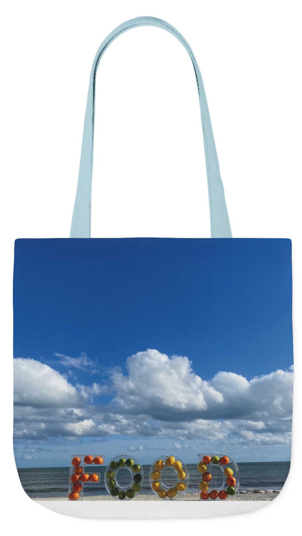 Food Tote Bag 18" x 18" with the Same Print on Both Sides and 4 handle color options (Black, Blue, Pink, White). "Beachy Food Bag"