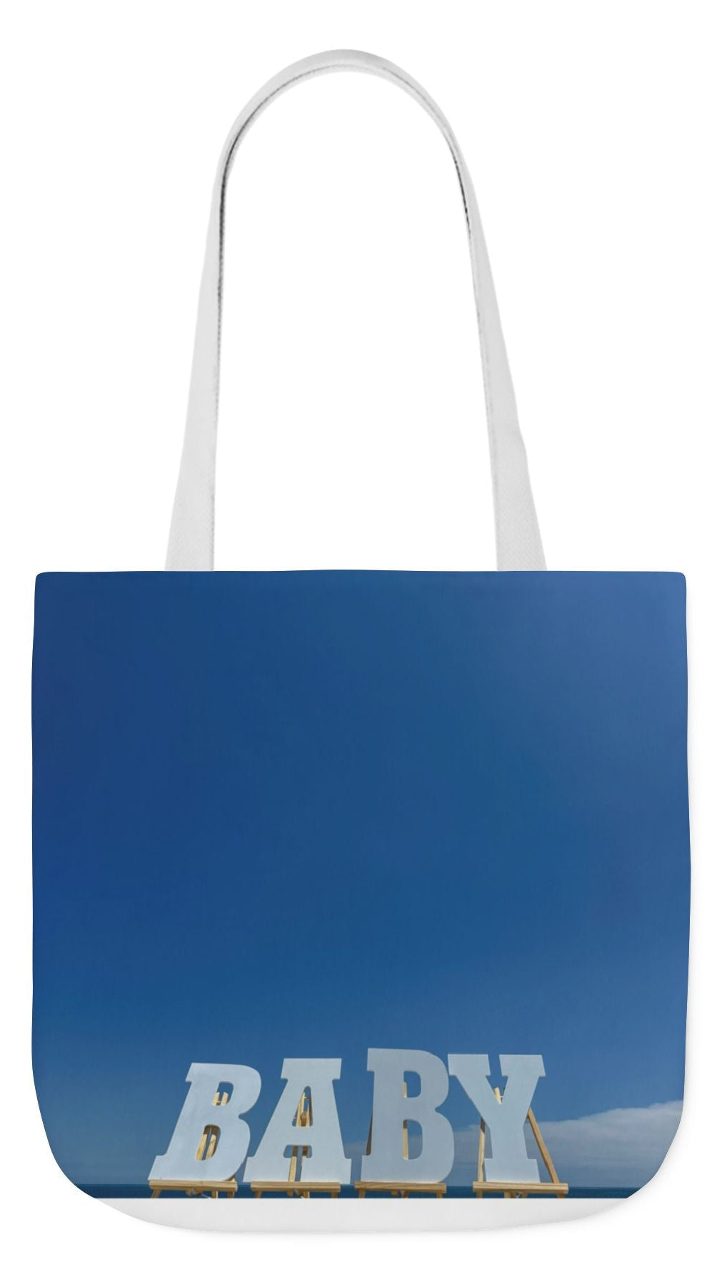 Baby Tote Bag 18”x 18” same print on each side with white, blue or pink handle options. “Bright Sky Baby Bag Personalized"