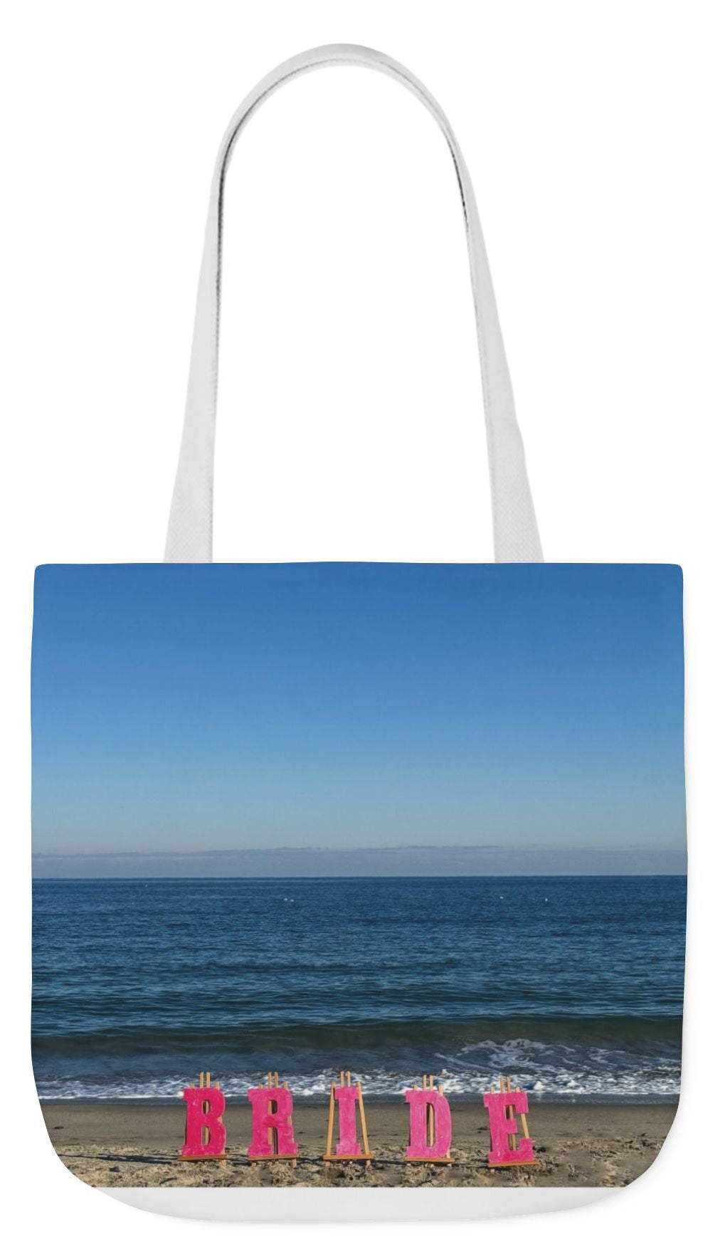 Bride Tote Bag 18” x 18” different print on each side. Pink or White Handle Choice. “Seaside & Beach Bride Bag Personalized”