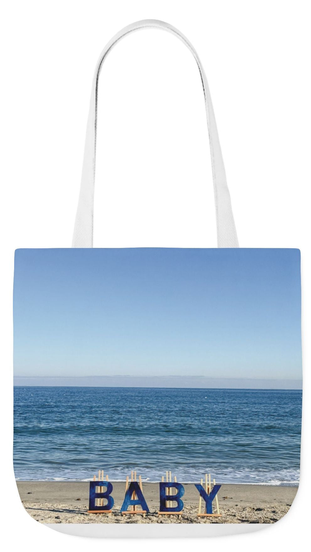 Baby Tote Bag (Blue Handles) 18” x 18”with the same print on each side. Blue or White handles. "Beach Baby Tote Bag".