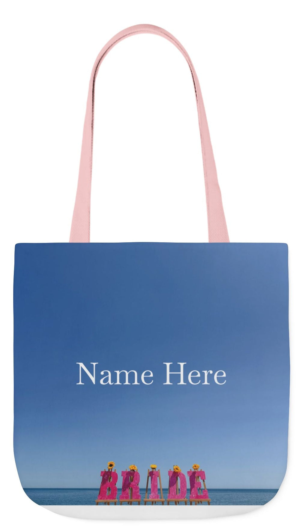 Bride Tote Bag 18” x 18”different print on each side. Choice of Pink or White Handles. "Shoreline & Beachfront Bride Bag Personalized"