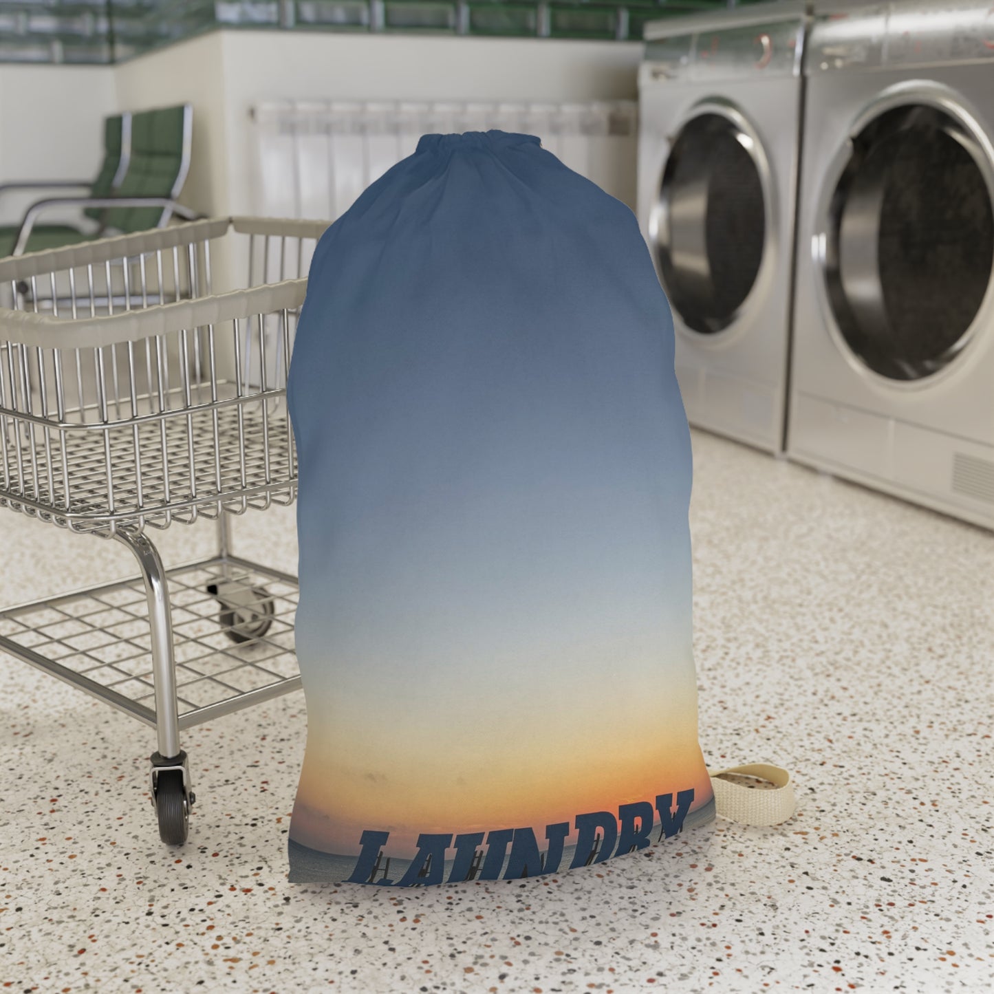 Laundry Bag with a Strap and Drawstring. Same Print on Each Side. “28 x 36” “Seaside Daybreak Laundry”