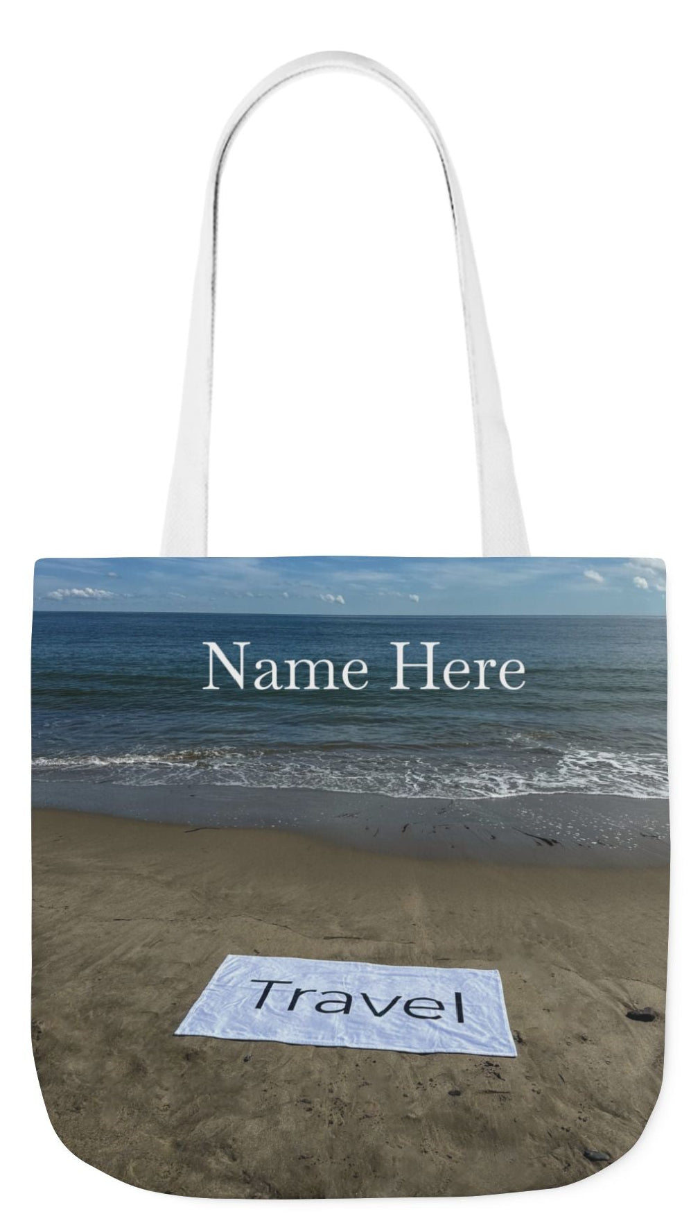 Travel Tote Bag 18” x 18” same print on each side. 4 Handle Color Options. “Beachfront Travel Bag Personalized”