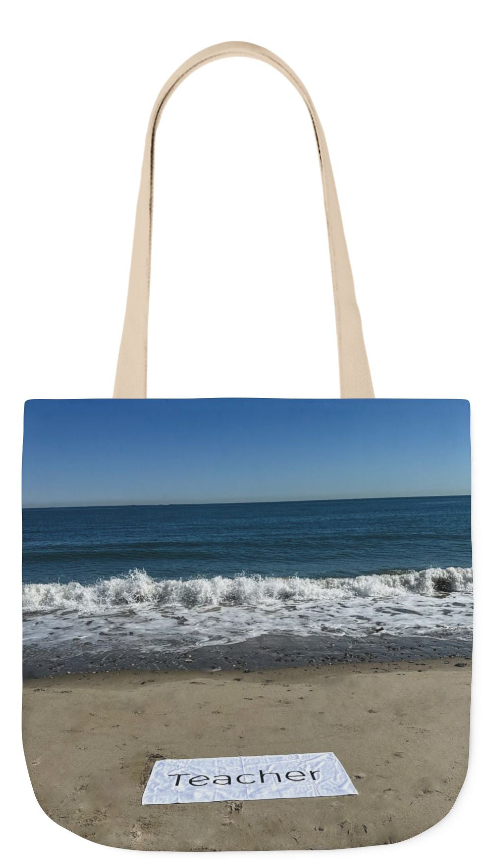 Teacher Tote Bag 18” x 18”  same print on each side. 5 Handle Color Options. “Beachfront Teacher Bag”