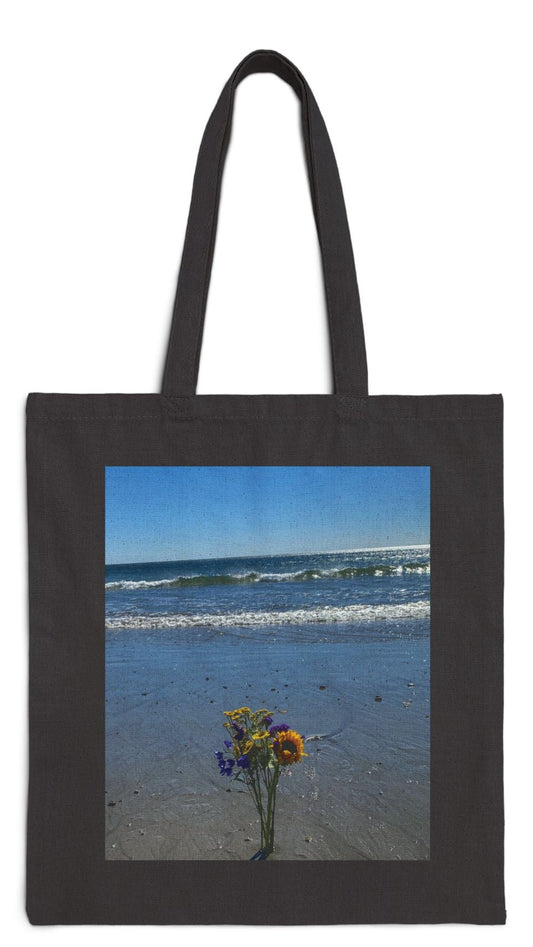 Floral Tote Bag Black 15" x 16" Cotton Canvas Print on One Side. "Beachy Flowers"