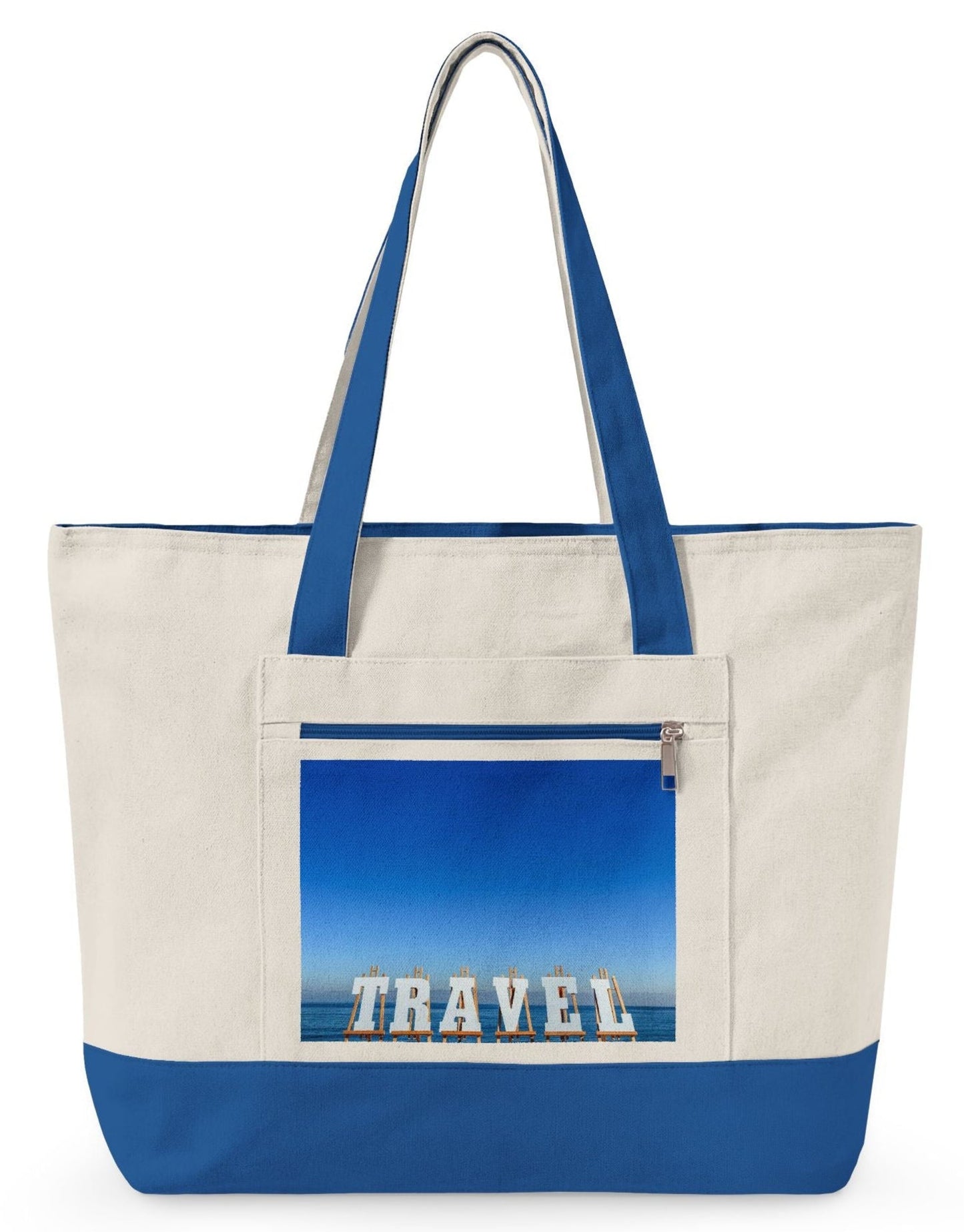 travel tote bag with blue highlights and zippers